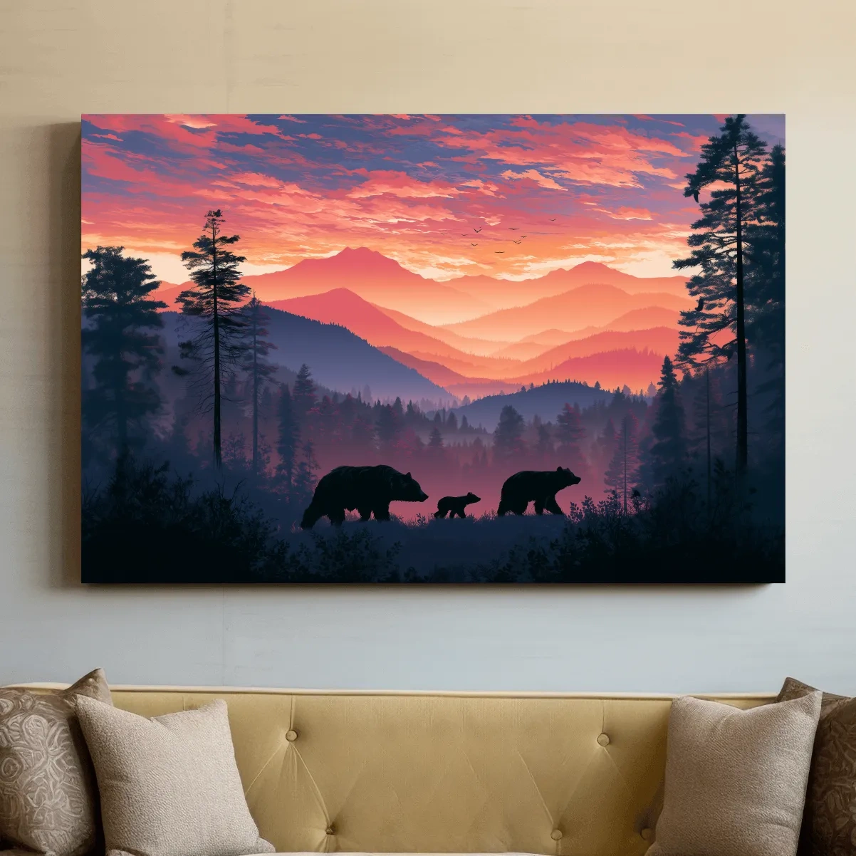 Moody Sunset Mountain Bear Family Silhouettes - Wildlife Wall Art