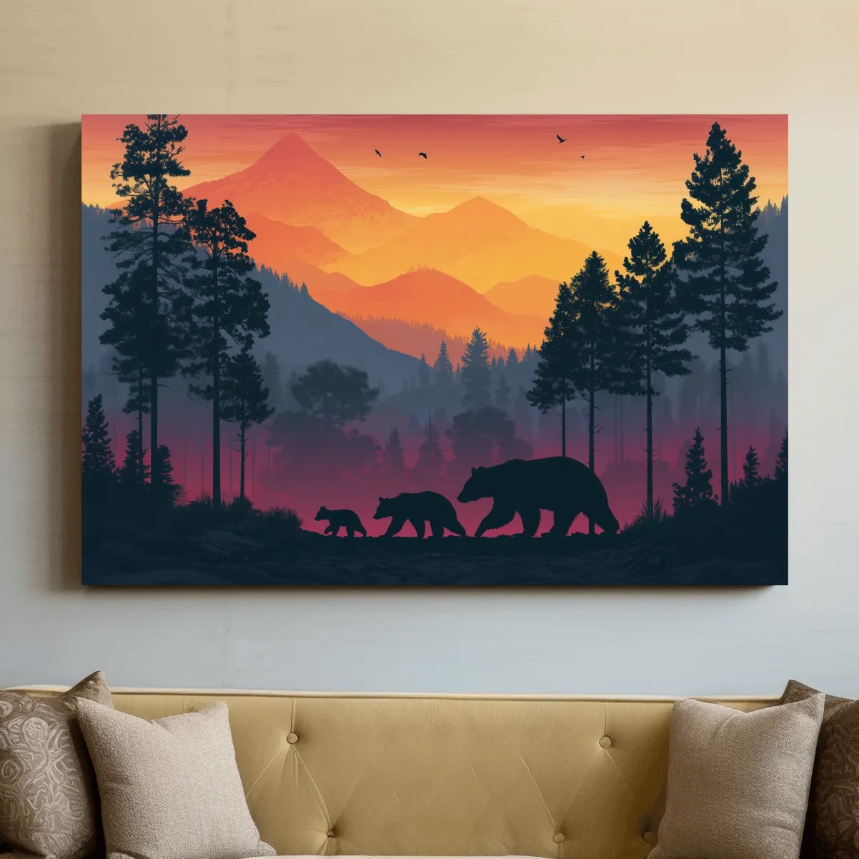 Sunset Momma Bear & Cubs Silhouette - Forest Wildlife Wall Art