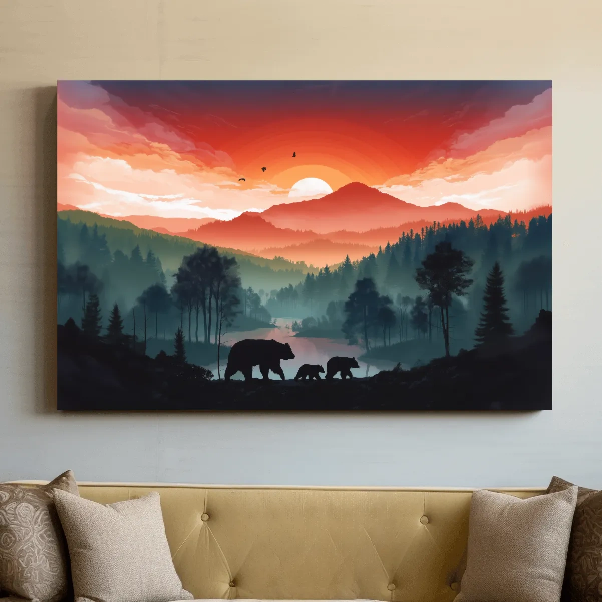 Sunset Bear Family Silhouette Landscape - Misty Mountain Forest Wall Art