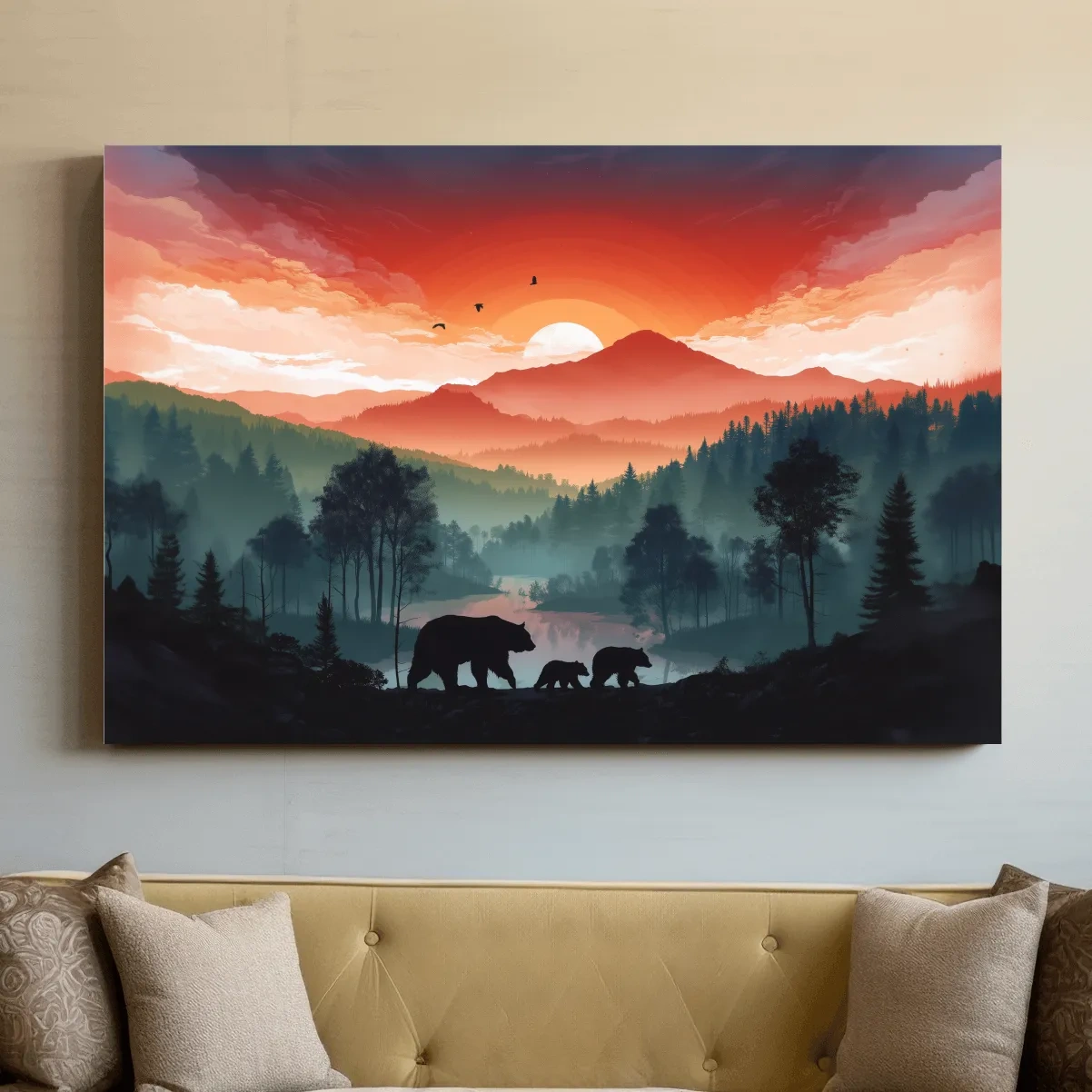 Sunset Bear Family Silhouette Landscape - Misty Mountain Forest Wall Art