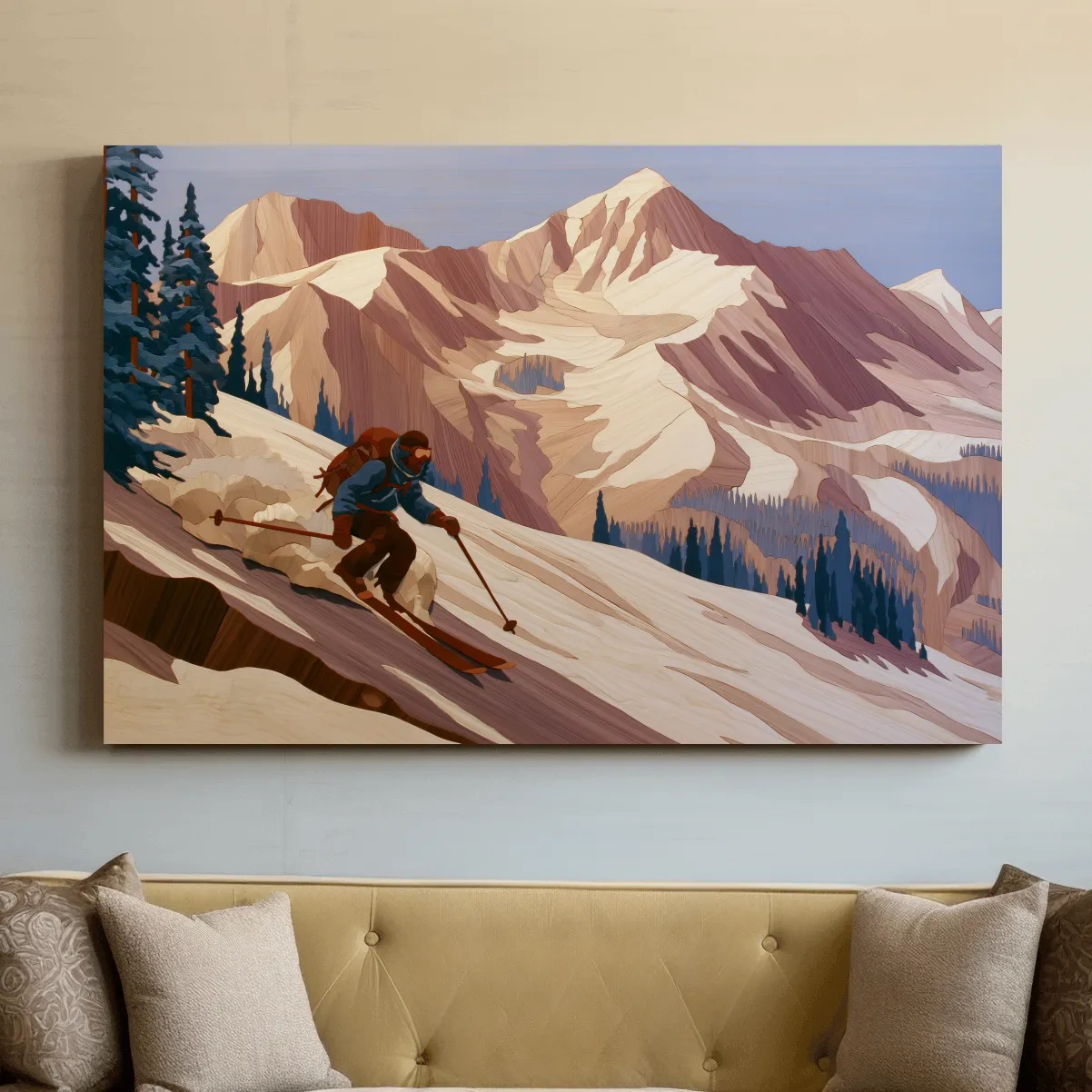 Backcountry Skier Descending Snowy Alpine Peaks - Modern Outdoor Adventure Wall Art