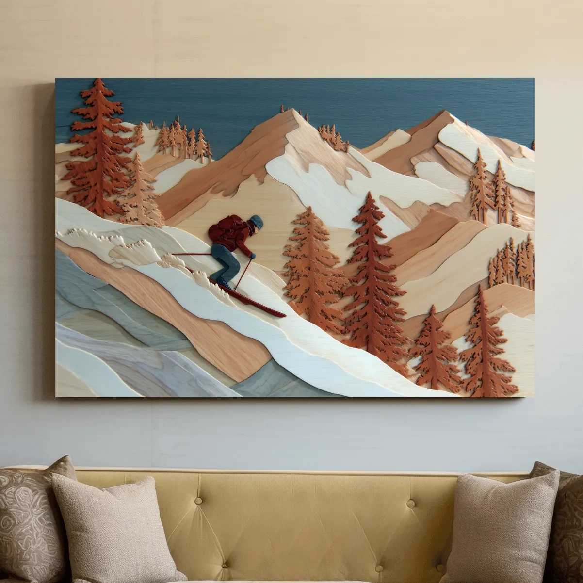 Wood Intarsia Style Skier Mountain Scene - Winter Alpine Wall Art