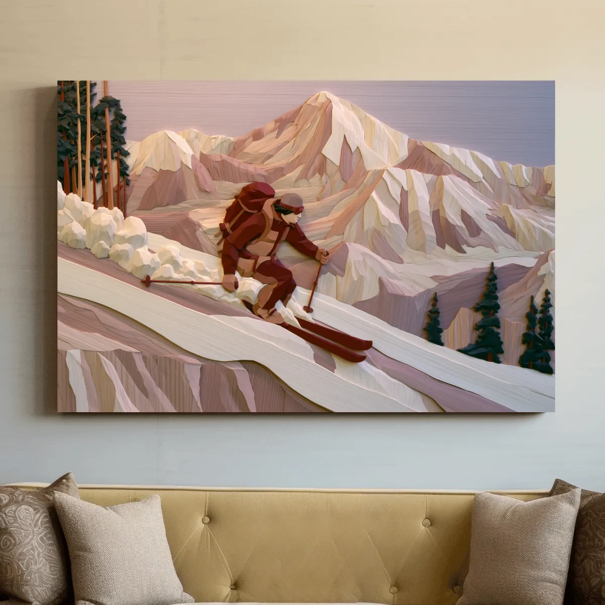 Geometric Backcountry Skier In Alpine Peaks - Winter Mountain Adventure Wall Art