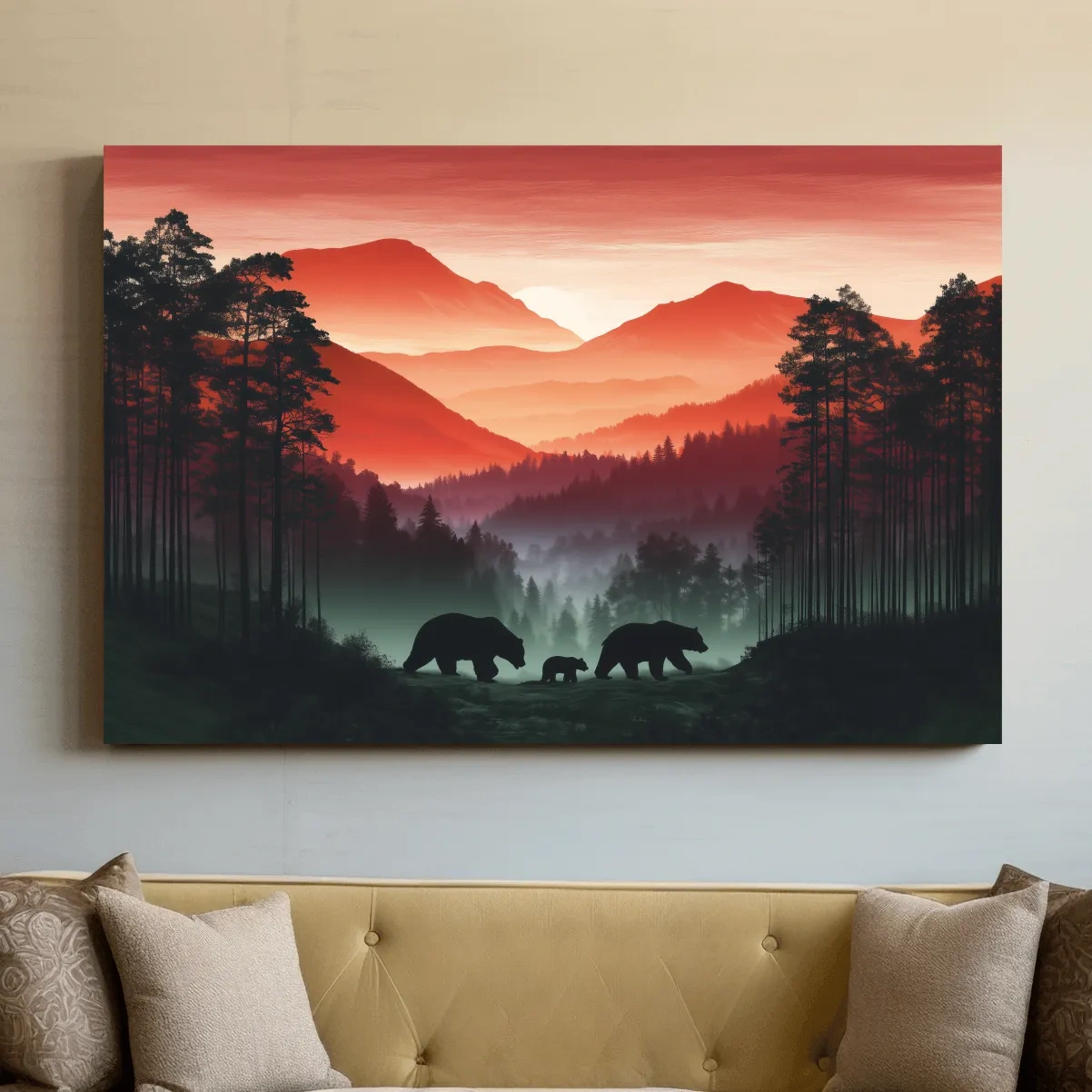 Moody Sunset Mountain Bear Family Silhouettes - Misty Forest Wildlife Wall Art