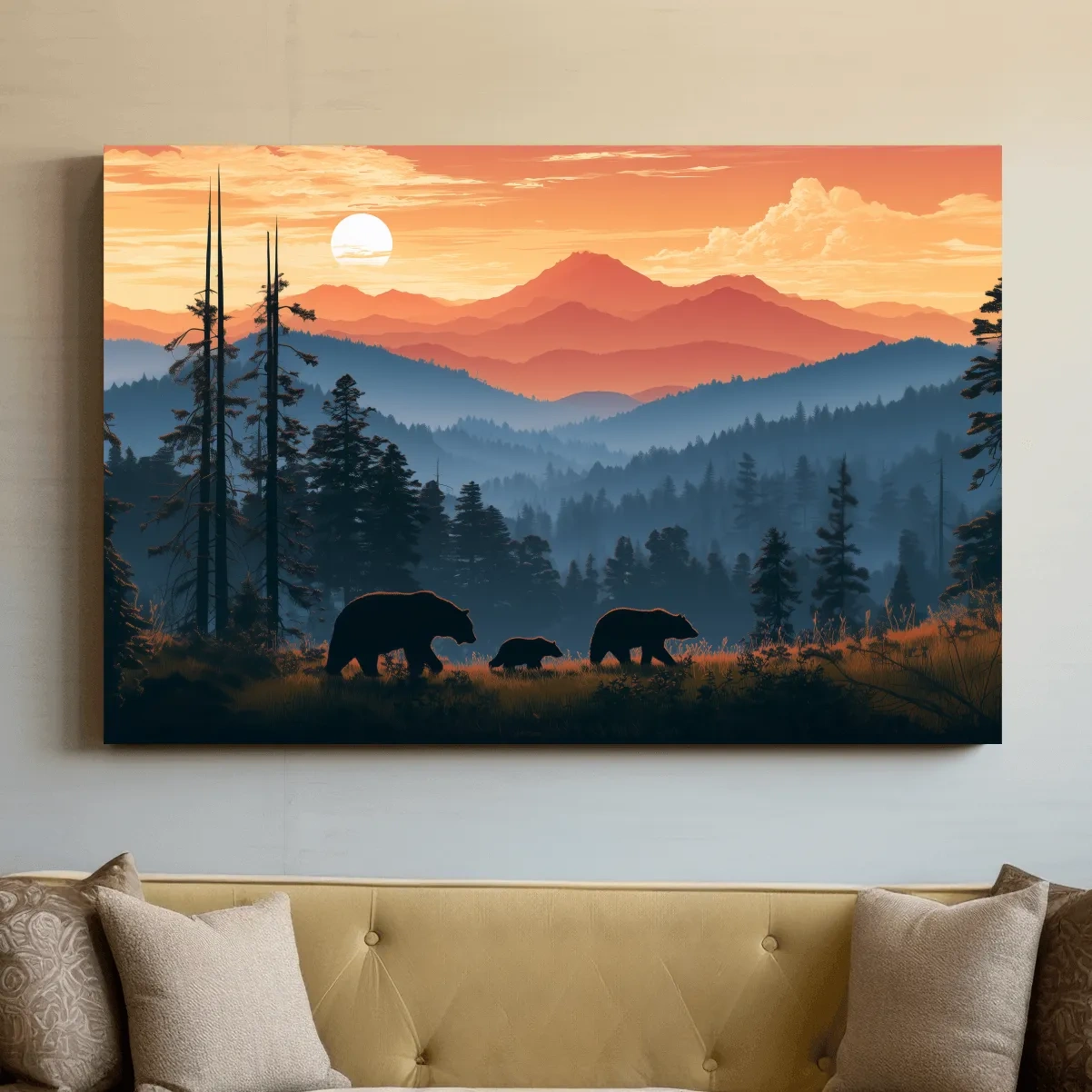 Bear Family Silhouettes - Mountain Sunset Wildlife Wall Art