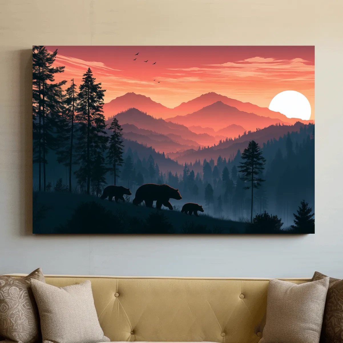 Bear Family Silhouette Mountain Sunset - Wildlife Landscape Wall Art