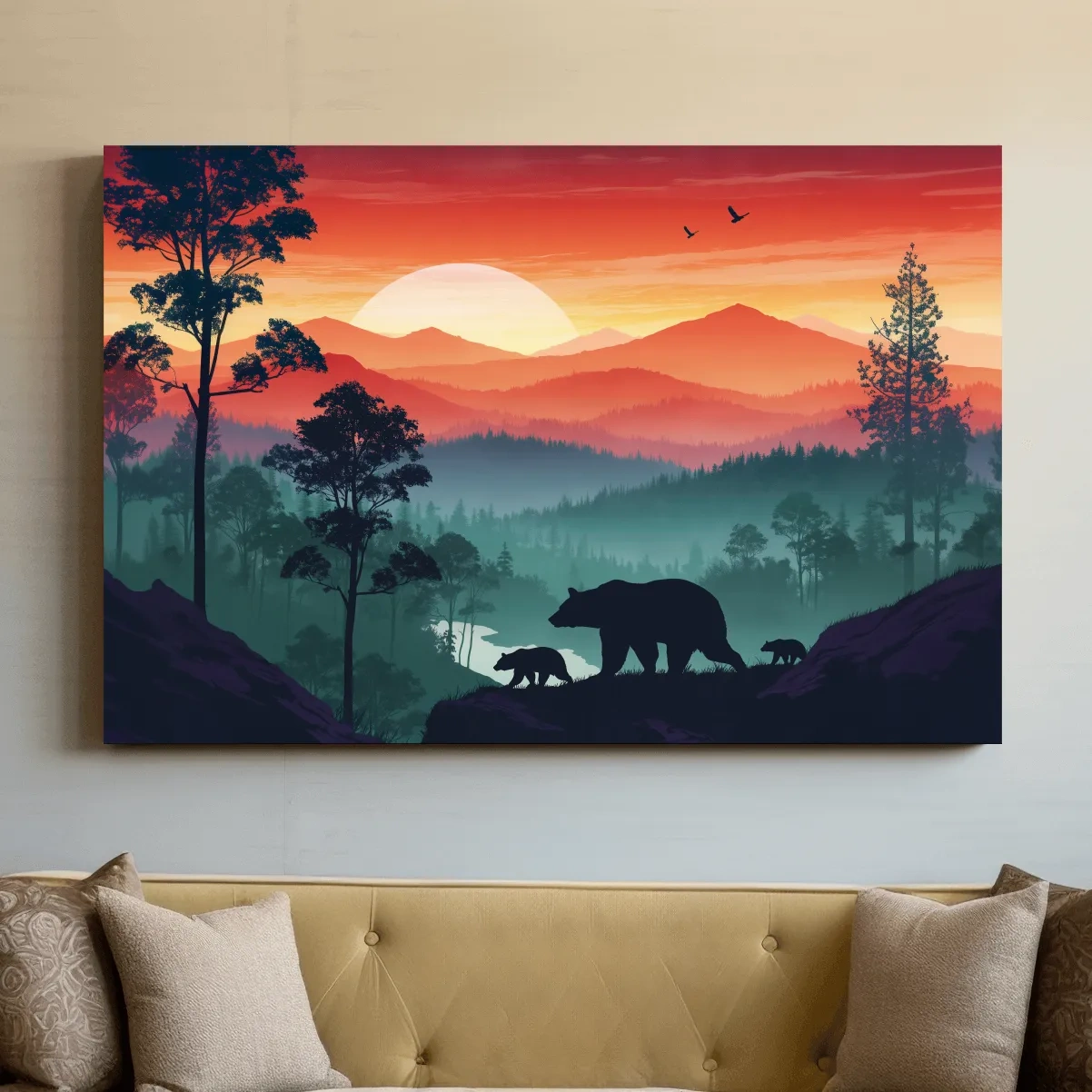 Sunset Mama Bear & Cubs Silhouette - Misty Forest Landscape Artwork