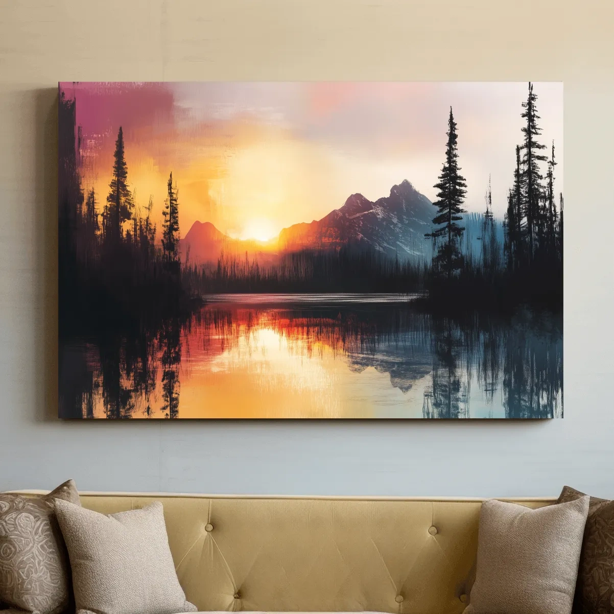 Sunset Mountain Lake Reflection Painting - Dramatic Pine Forest Landscape Wall Art