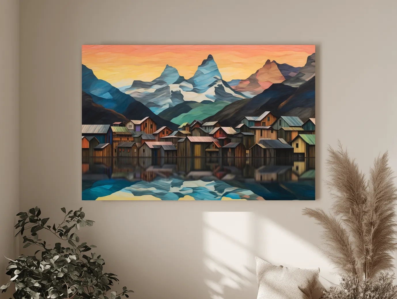 Alpine Mountain Village Reflections - Colorful Paper Cut Style Wall Art