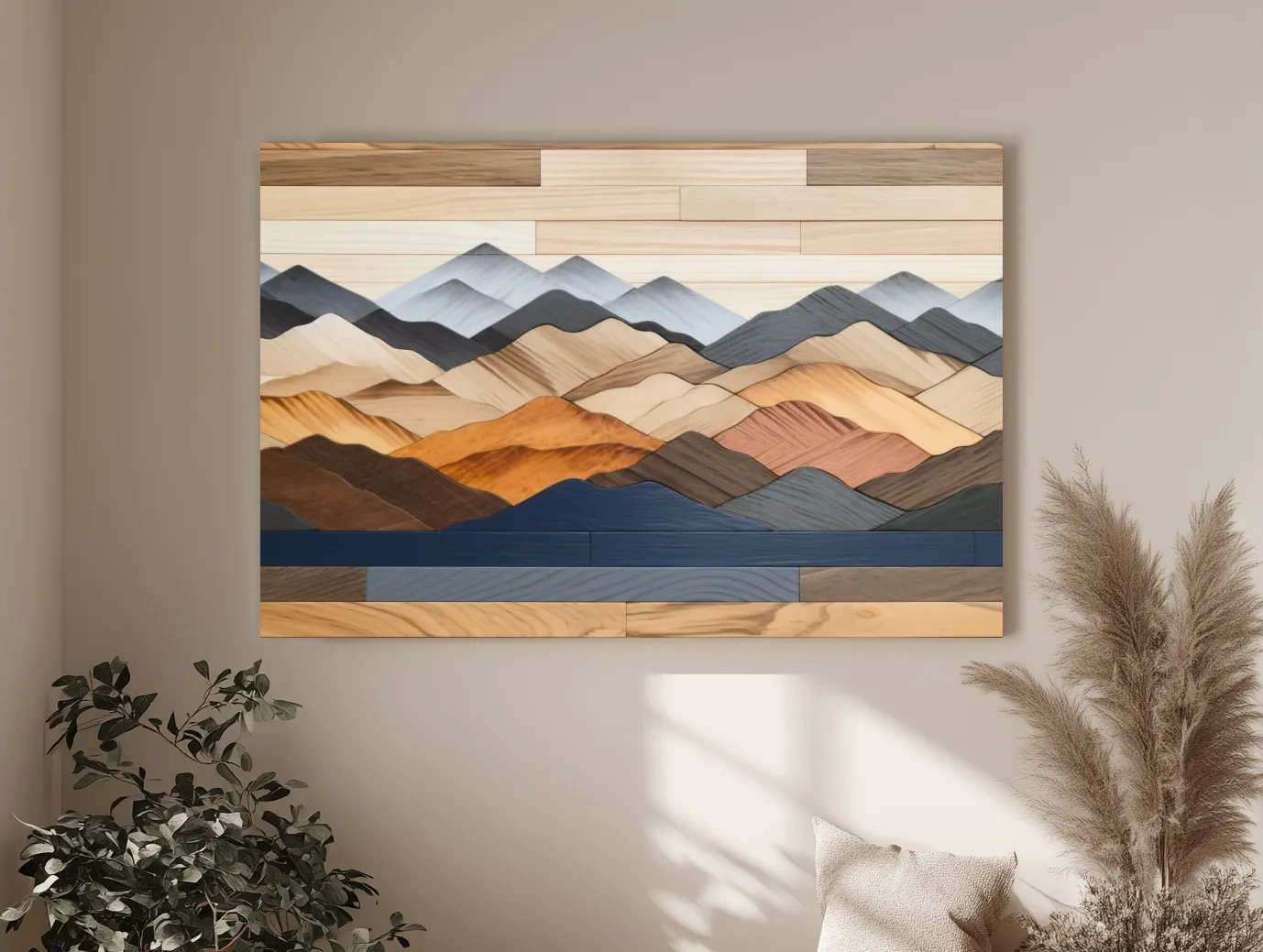 Rustic Layered Wooden Mountain Range Panorama - Modern Geometric Wall Art