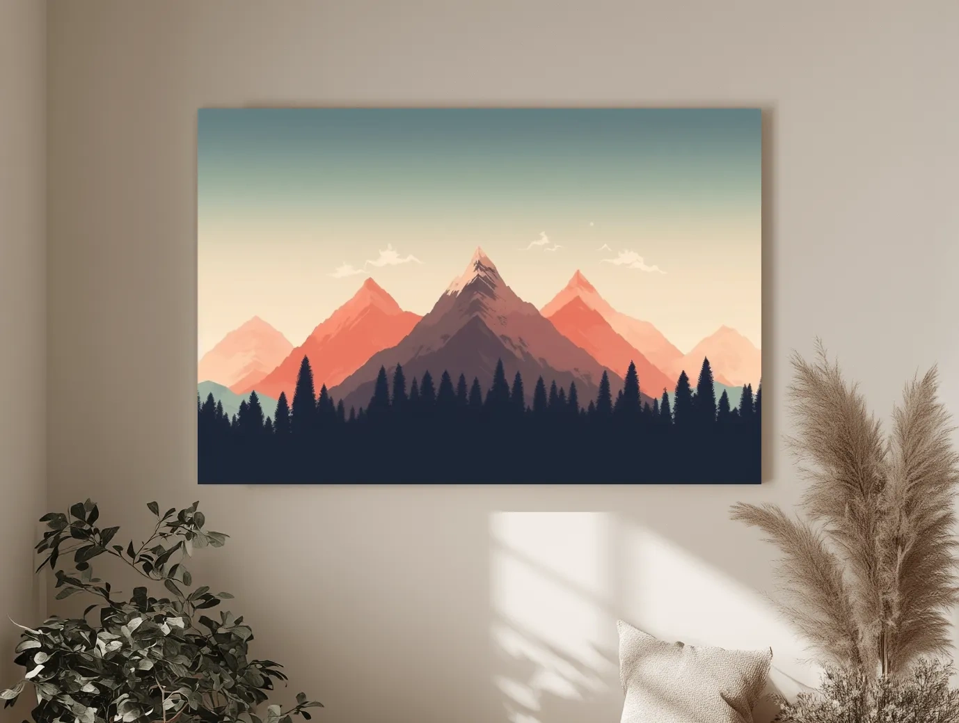Minimalist Alpine Mountain Sunrise Artwork - Modern Scandinavian Forest Wall Art