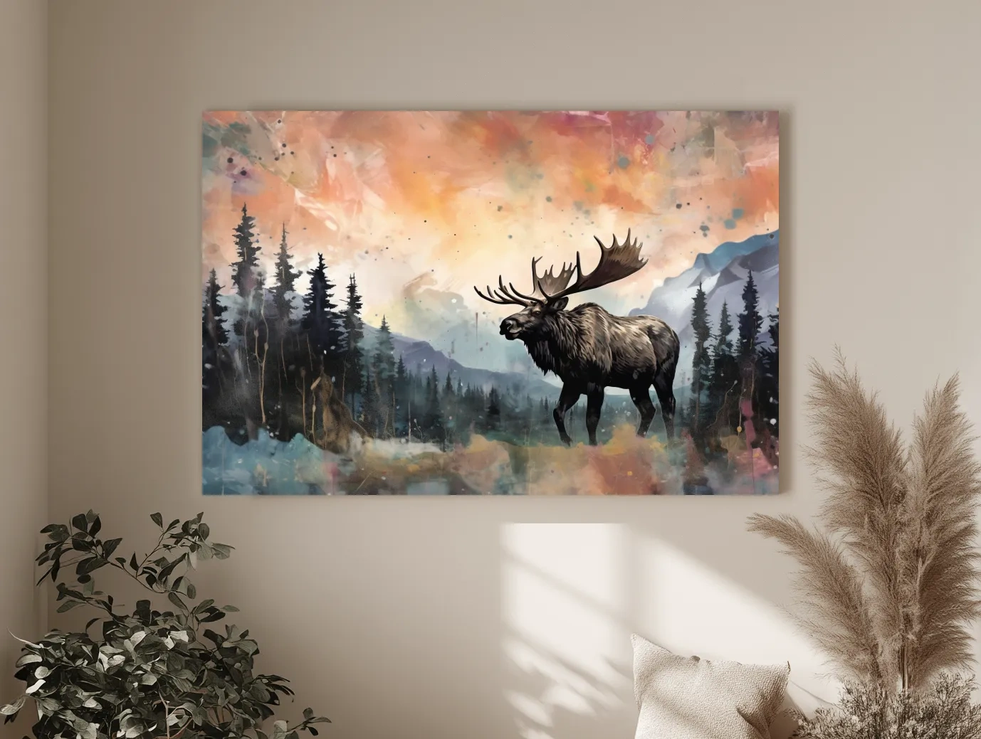 Watercolor Moose In Misty Mountain Forest - Rustic Wildlife Wall Art
