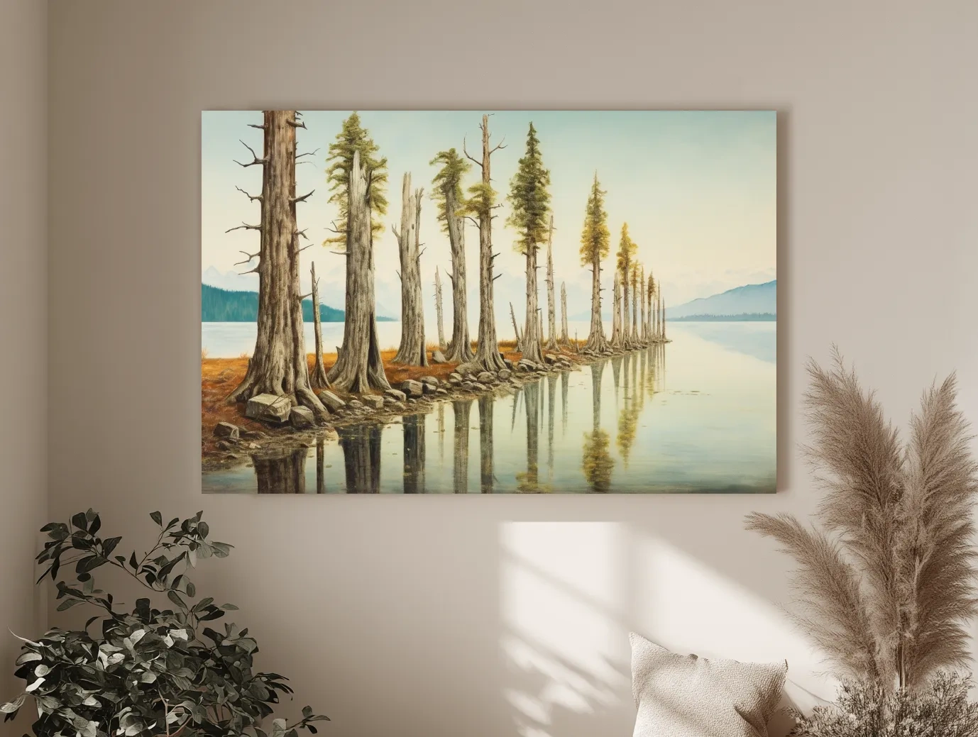 Serene Lakeside Pine Forest Reflections - Watercolor Landscape Wall Art