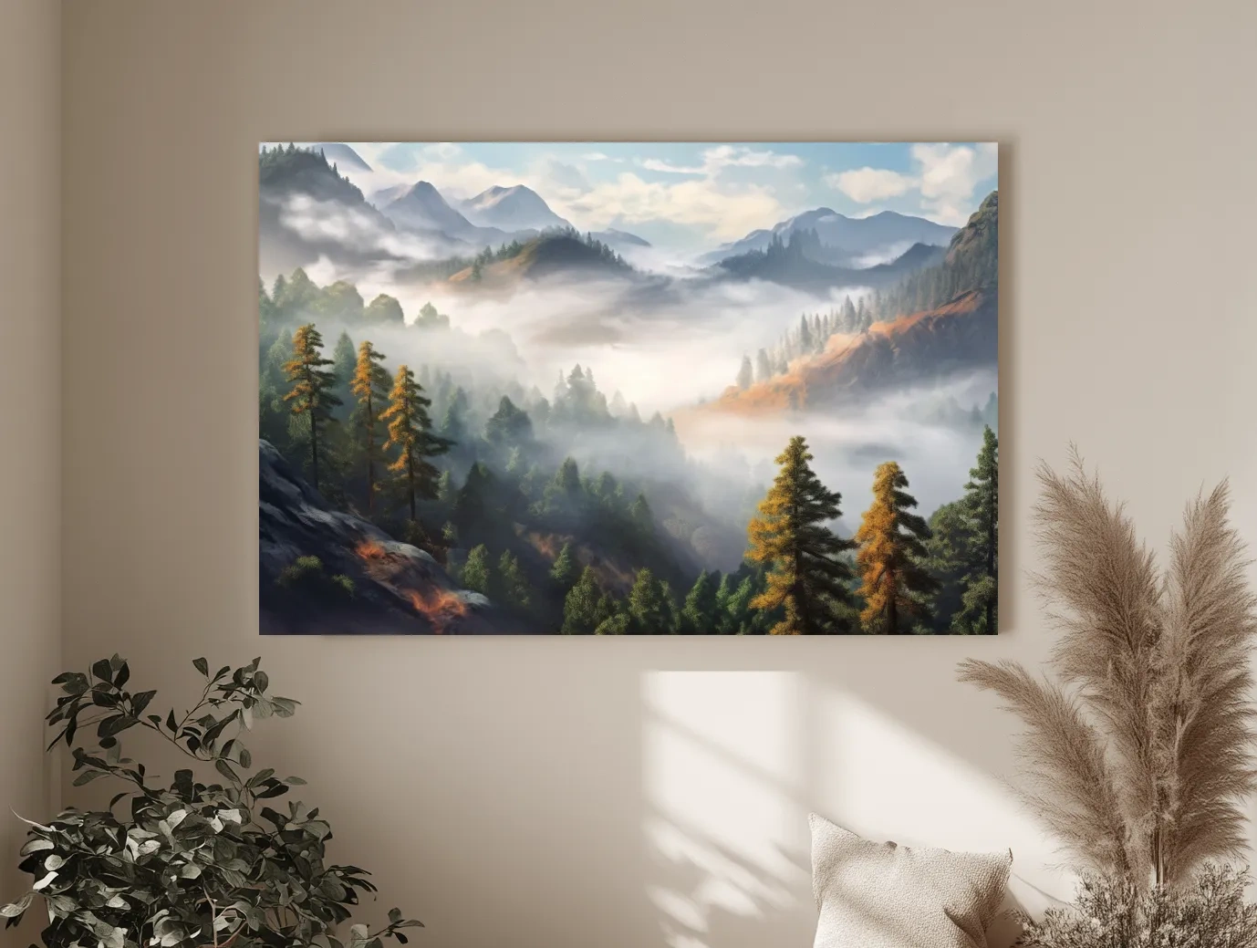Misty Mountain Valley Forest Landscape - Serene Foggy Nature Painting Wall Art