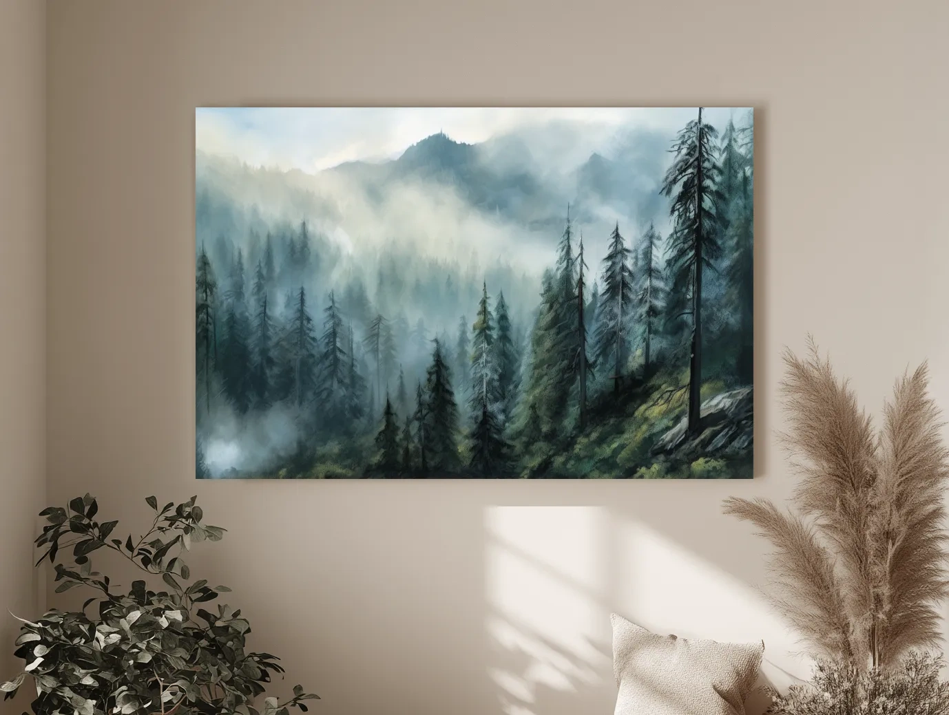 Misty Evergreen Forest Mountain Landscape - Moody Watercolor Nature Wall Art