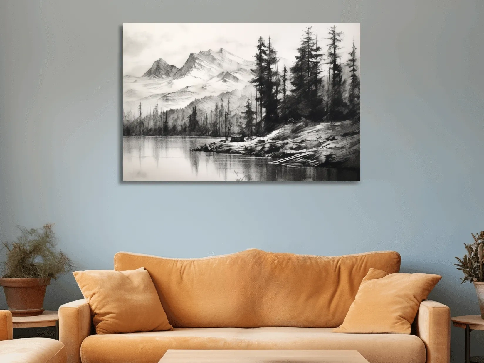 Monochrome Mountain Lake Charcoal Sketch - Pine Forest Landscape Wall Art