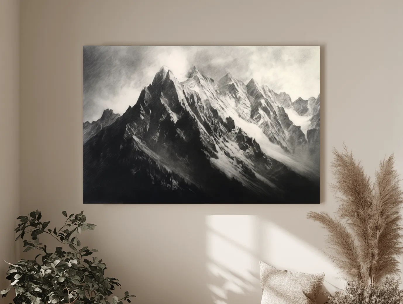 Moody Monochrome Snowy Mountain Peaks - Dramatic Charcoal Landscape Artwork
