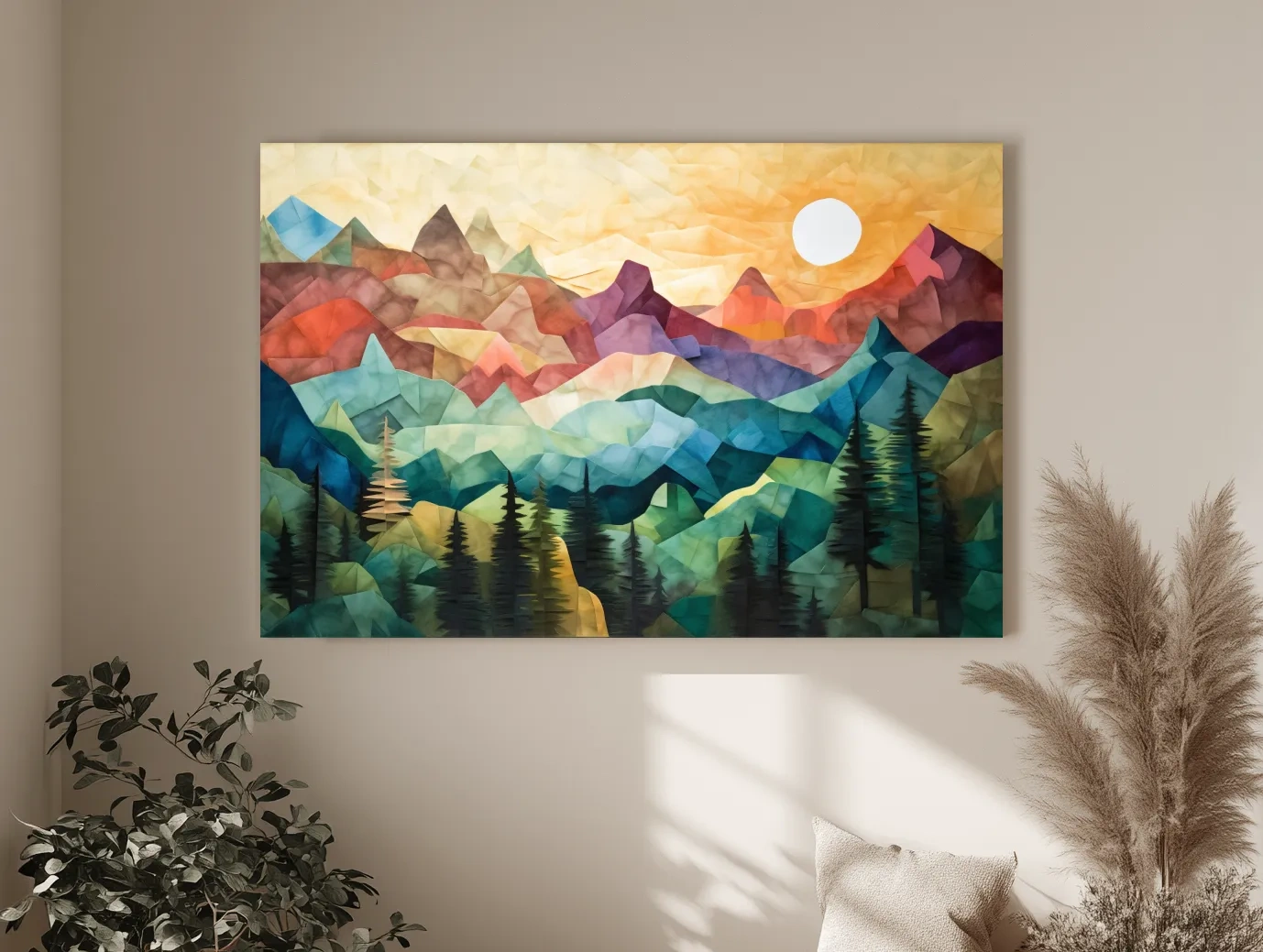 Abstract Sunset Mountain Canvas - Vibrant Patchwork Mosaic Art
