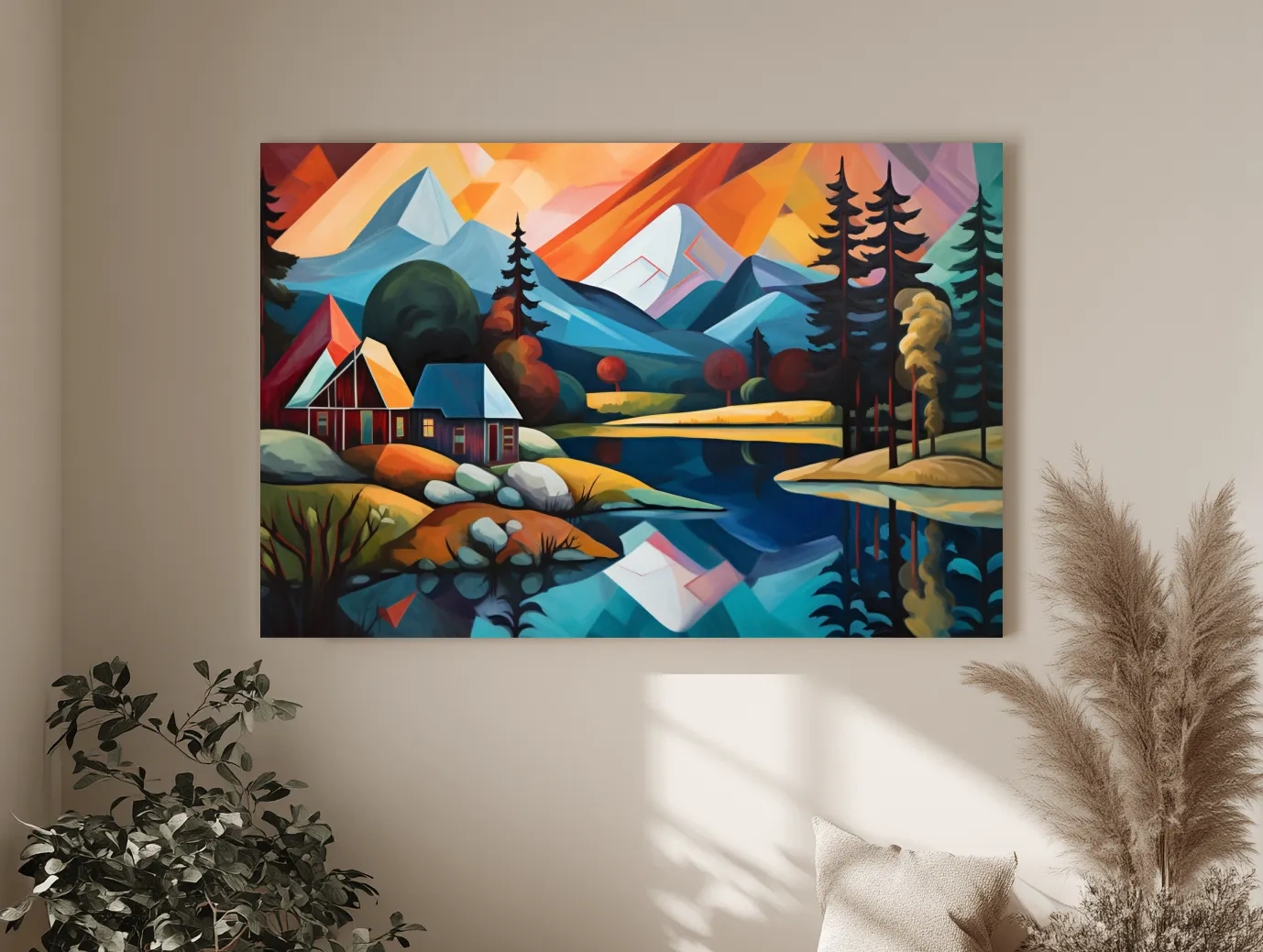 Vibrant Geometric Mountain Lake Cabin Oil Painting - Modern Abstract Wall Art