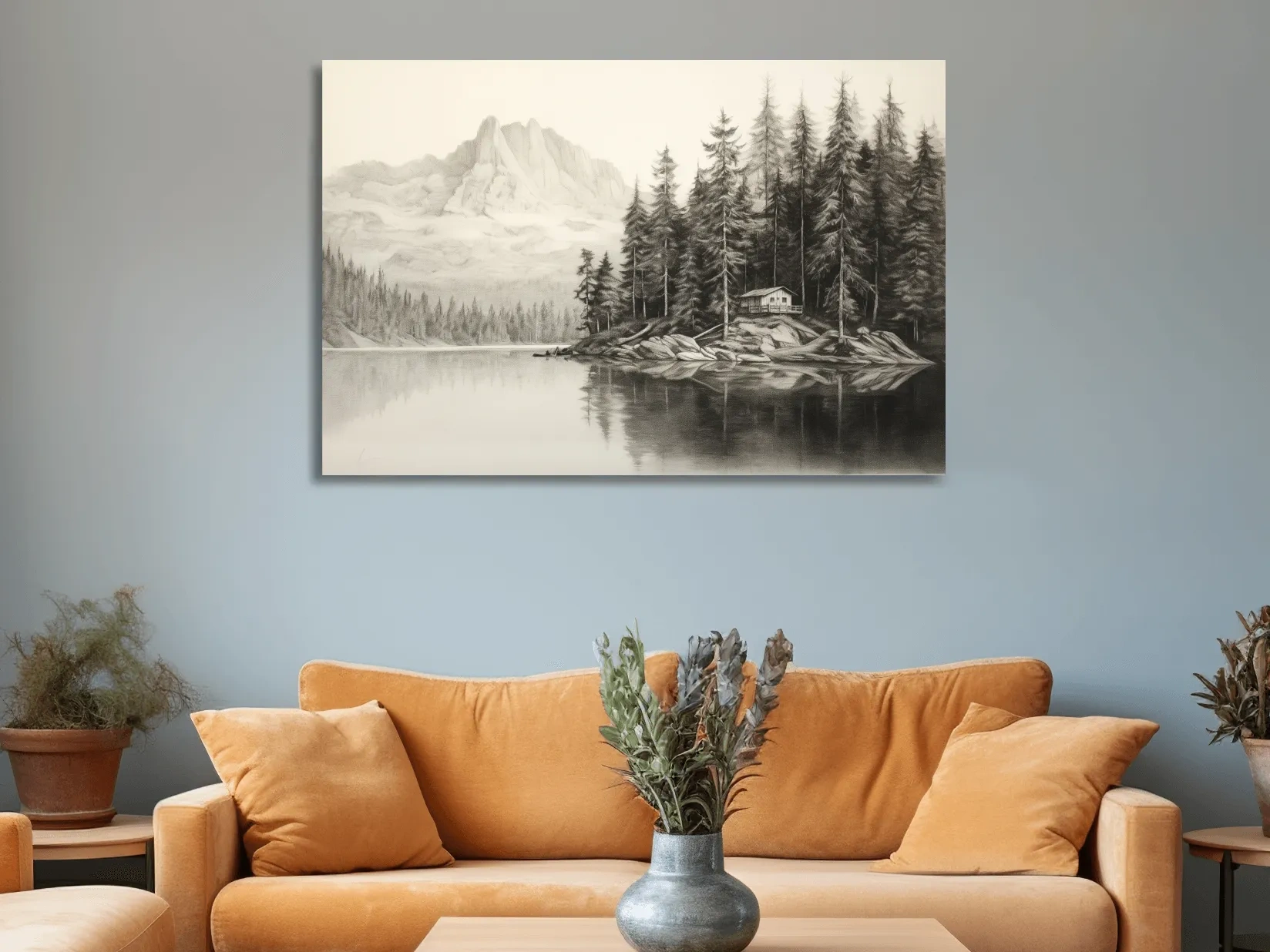 Lead pencil drawing of a cabin by the lake