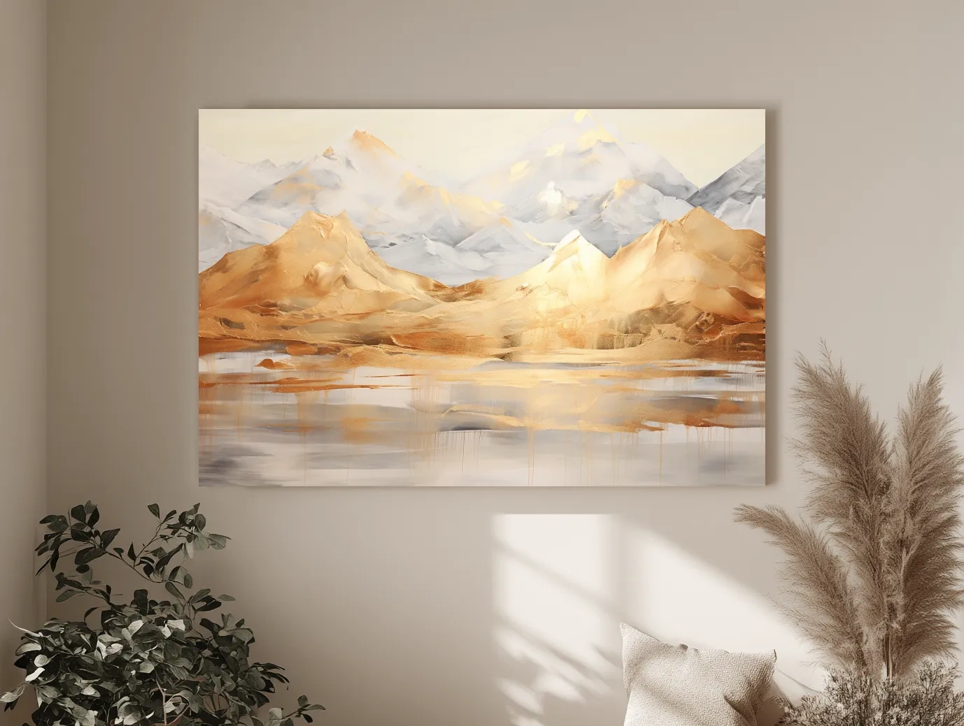 Luxe Golden Abstract Mountain Lake Painting - Elegant Landscape Wall Art
