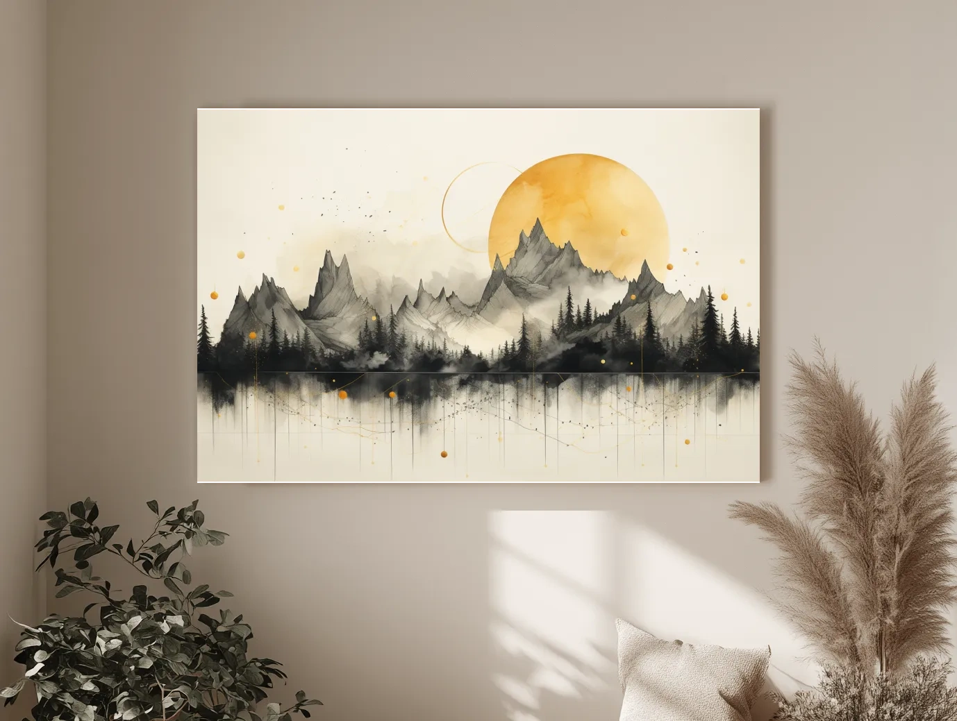Golden Sun Abstract Mountain Range - Minimalist Watercolor Landscape Wall Art