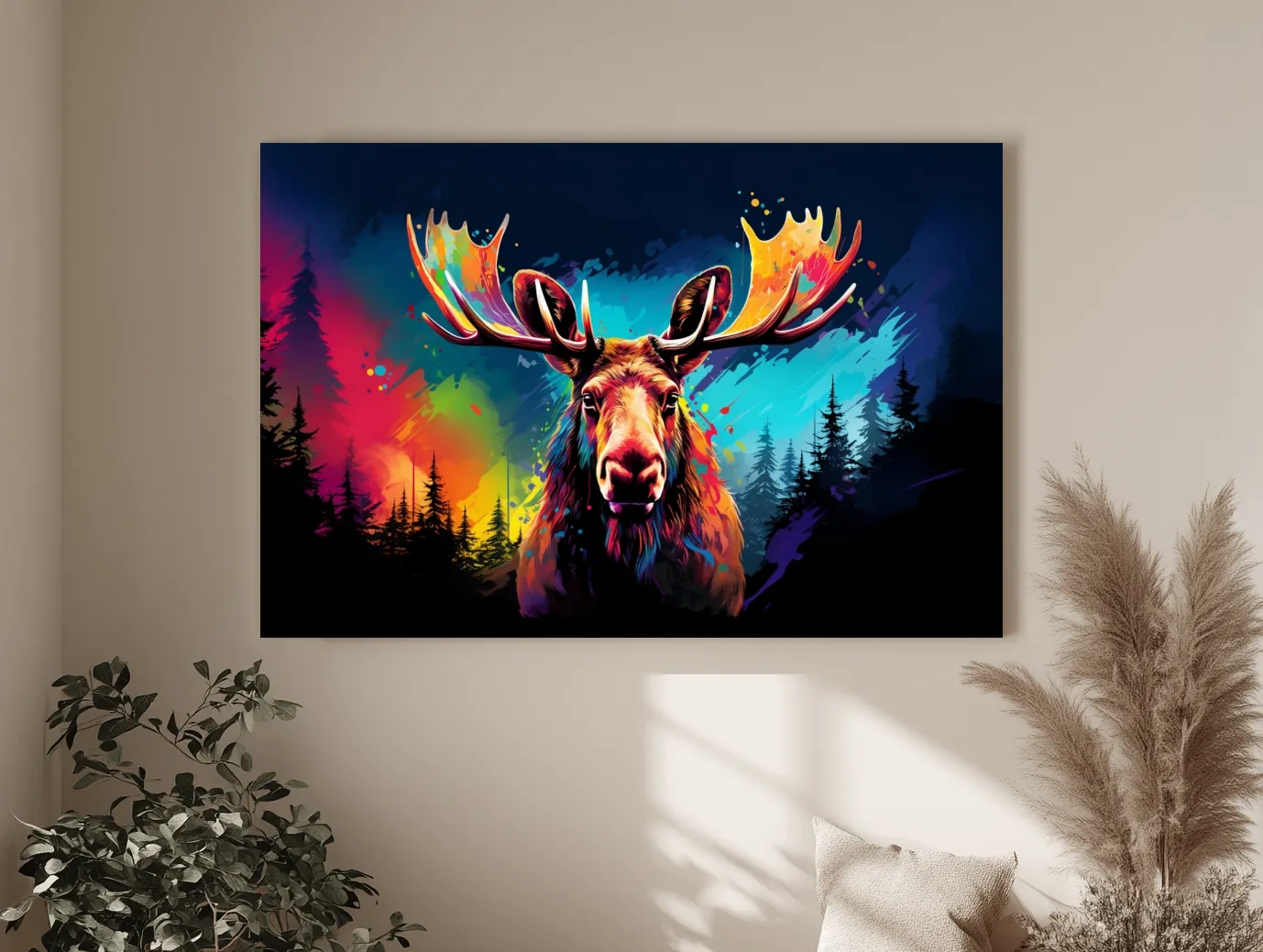 Vibrant Abstract Retro Moose Portrait - Colorful Splash Paint Wildlife Wall Art