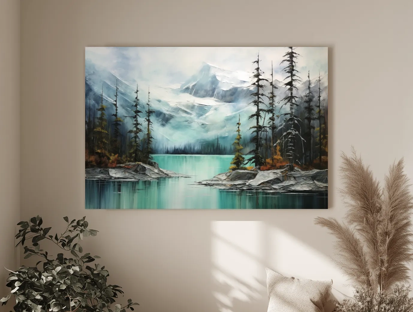 Misty Turquoise Mountain Lake Painting - Serene Alpine Forest Landscape Wall Art