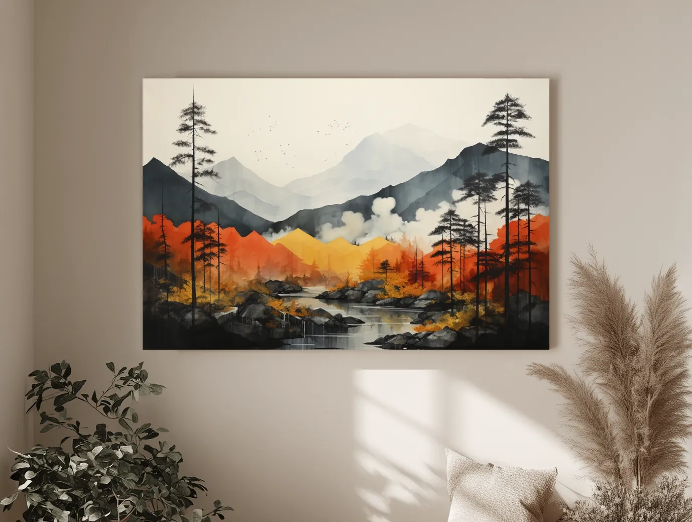 Surreal Mountain Lake Landscape - Autumn Forest Watercolor Wall Art