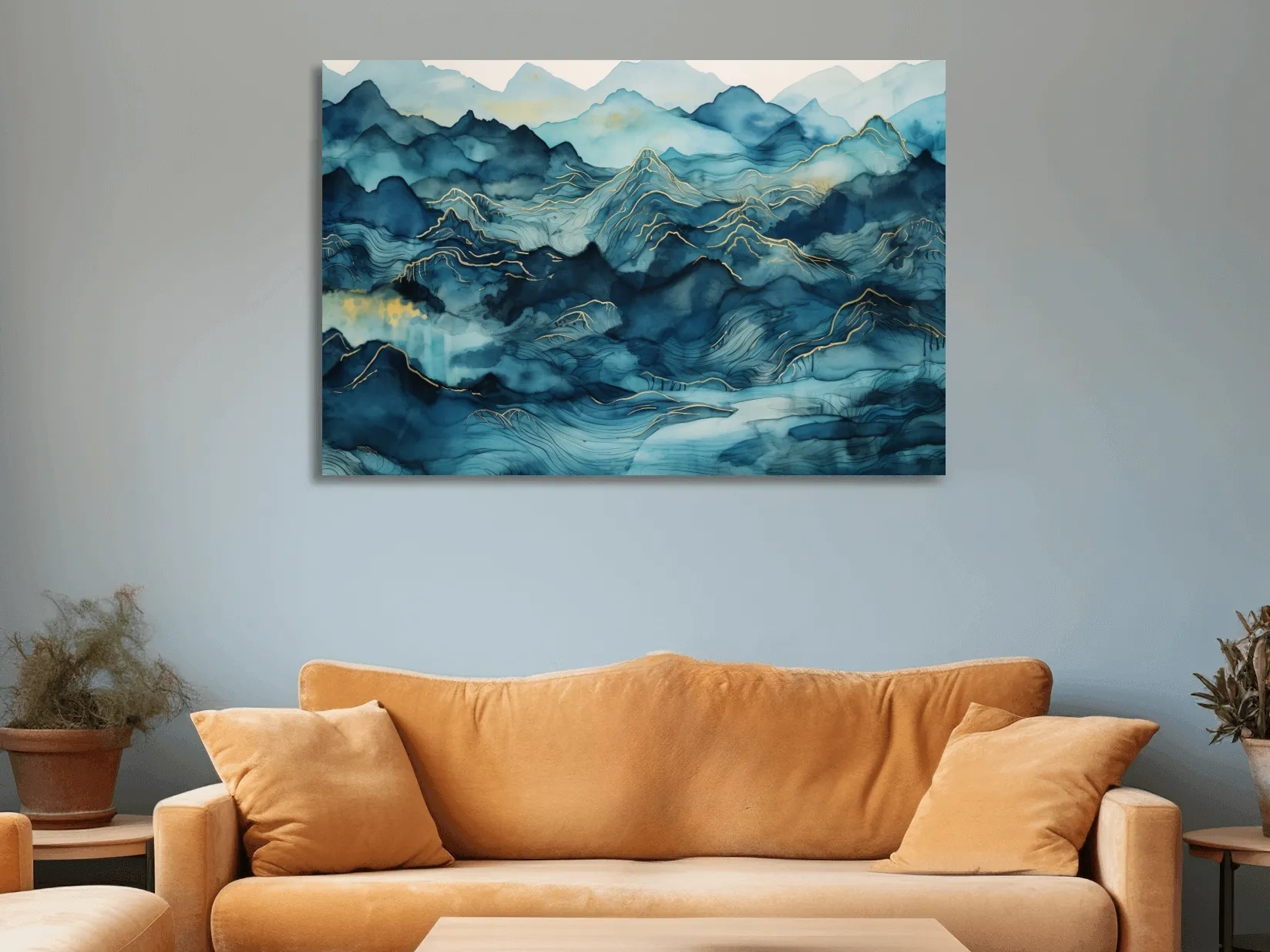 Watercolor Mountain Range With Gold Linework - Abstract Landscape Wall Art