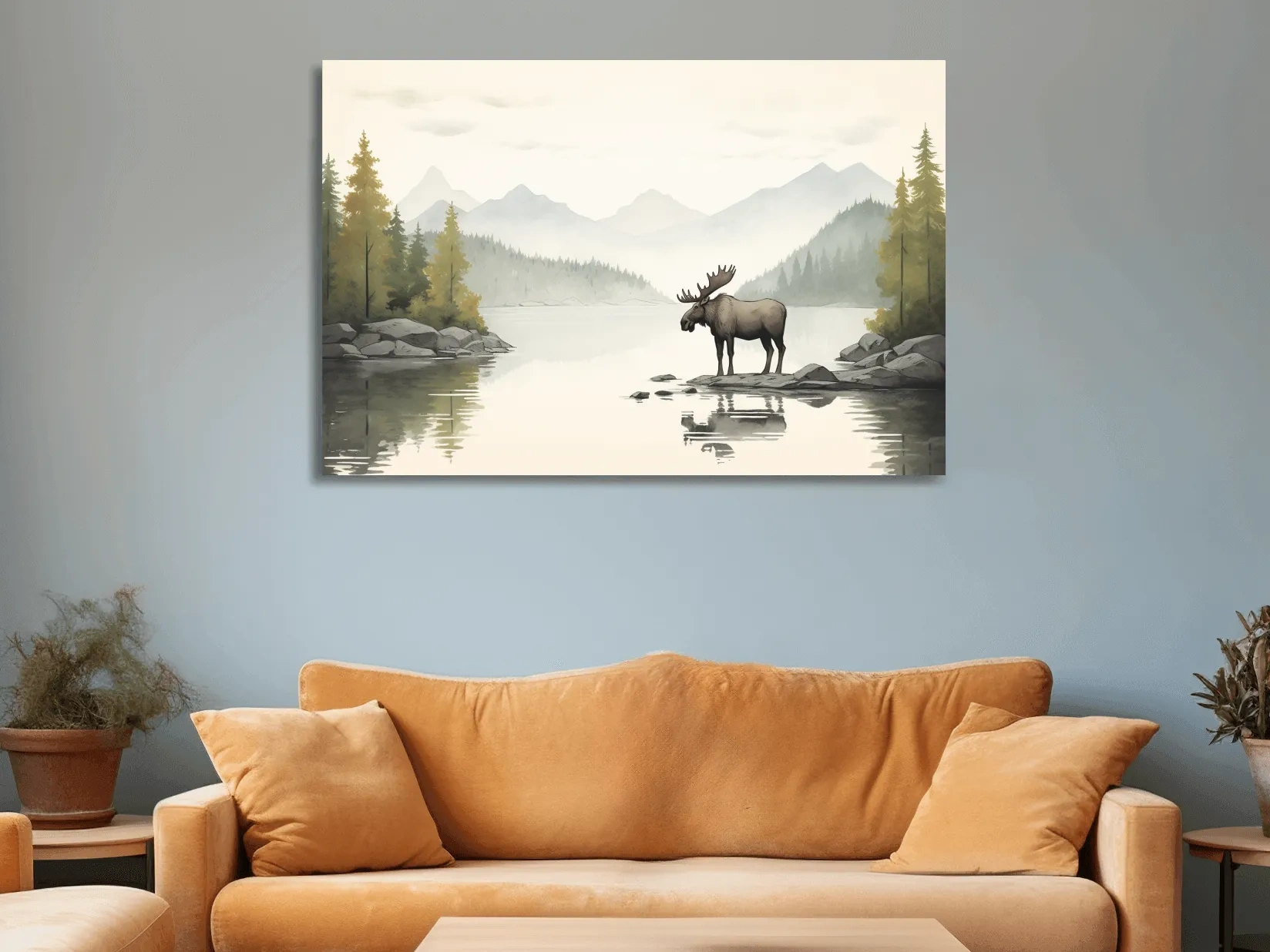 Watercolor Moose By Misty Lake - Mountain Wilderness Nursery Wall Art