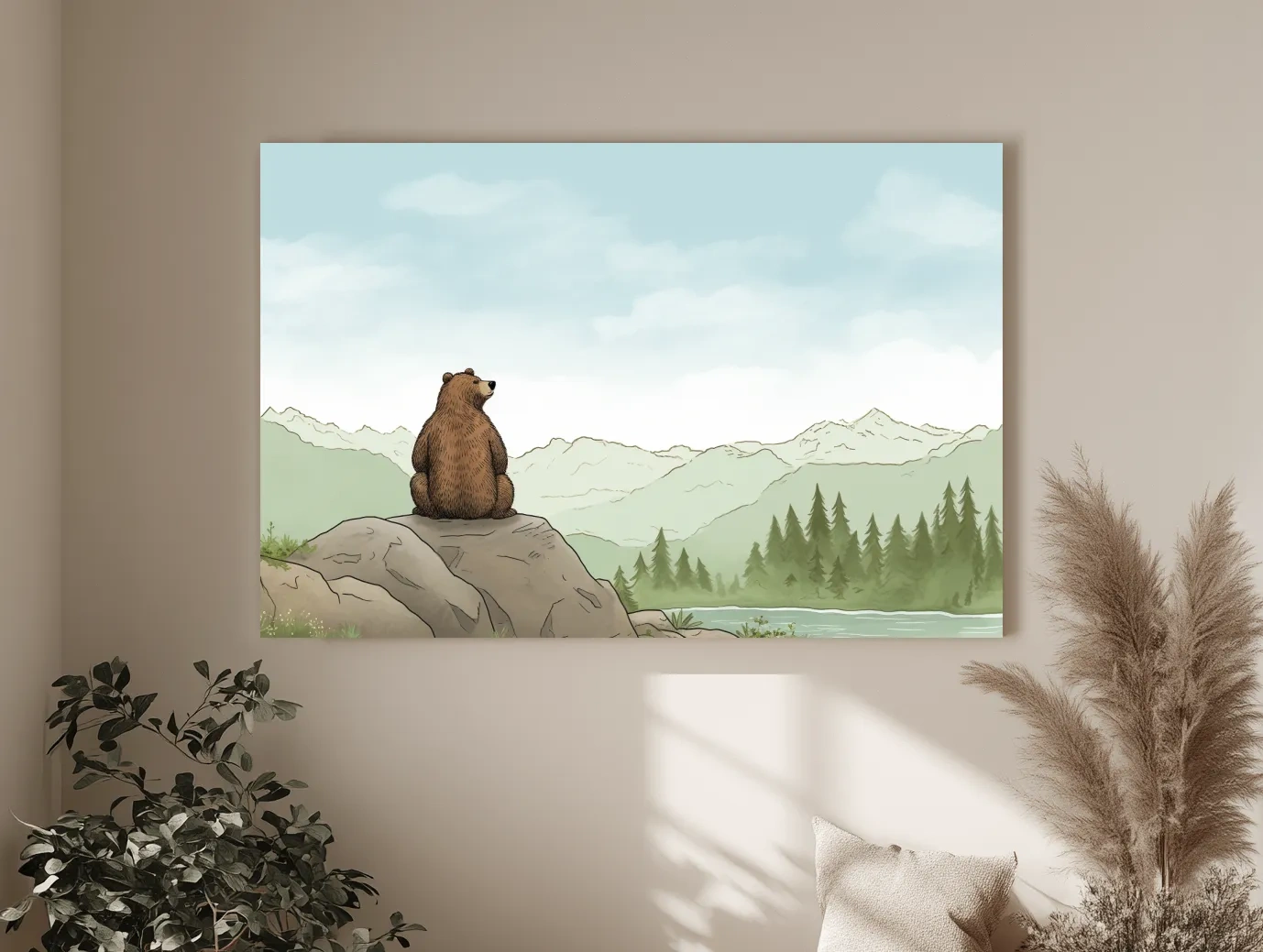 Whimsical Bear Overlooking Mountains - Cute Illustrated Nursery Wall Art