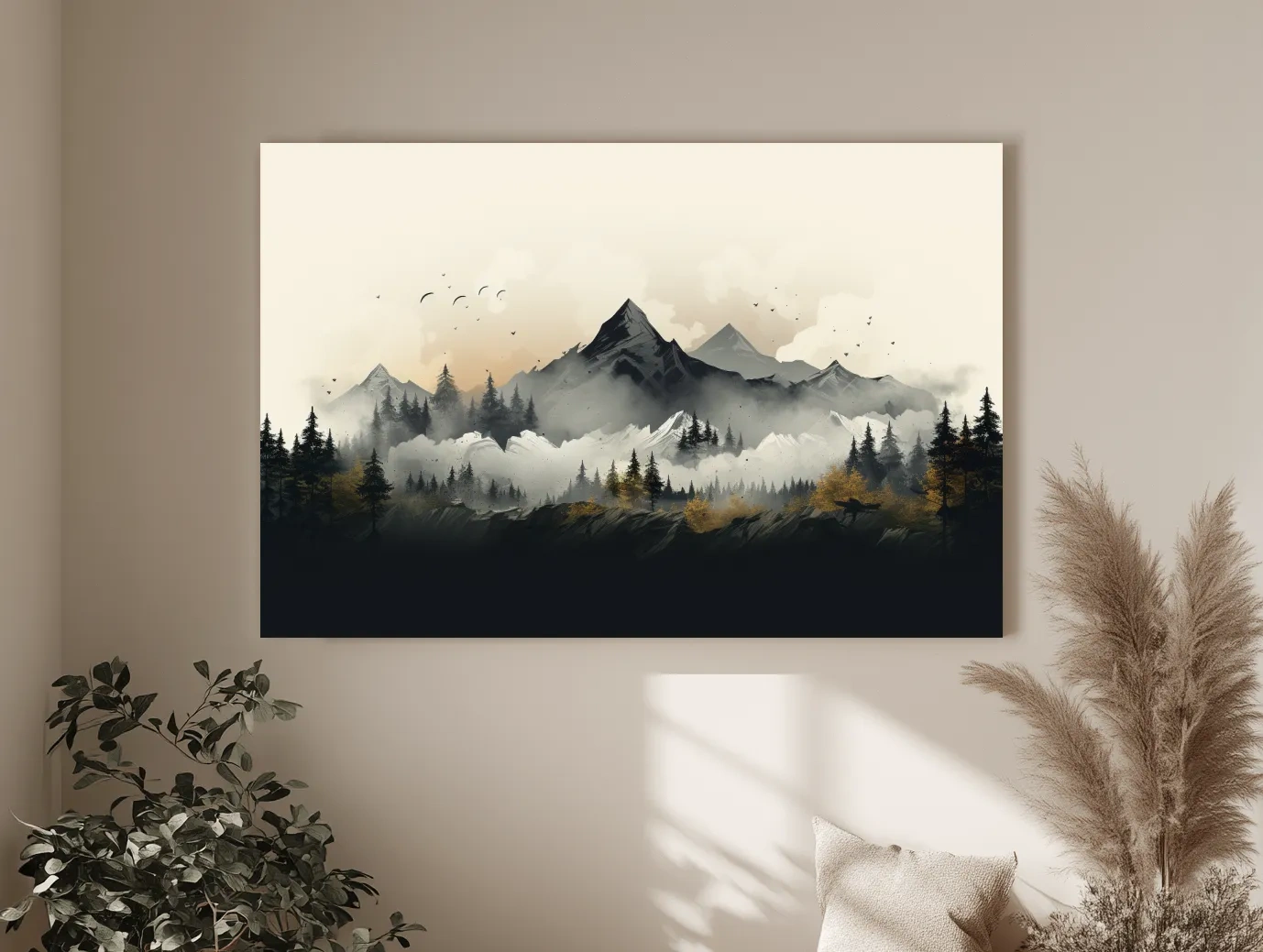 Misty Mountain Range With Pine Forest Illustration - Moody Landscape Wall Art