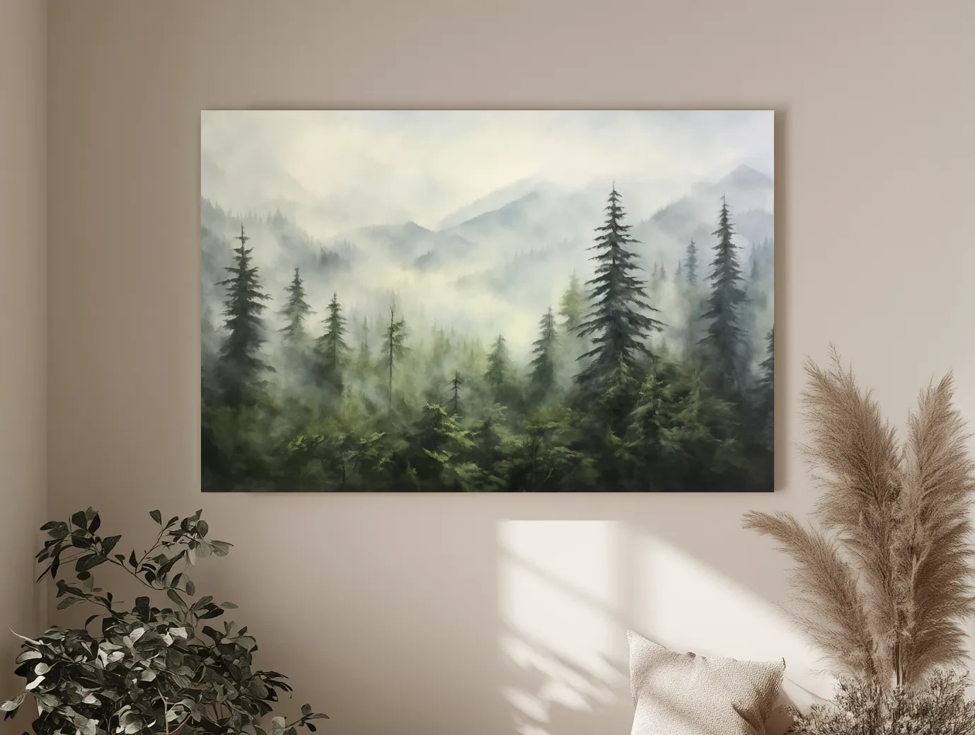 Misty Evergreen Forest Mountains Watercolor - Serene Foggy Landscape Artwork