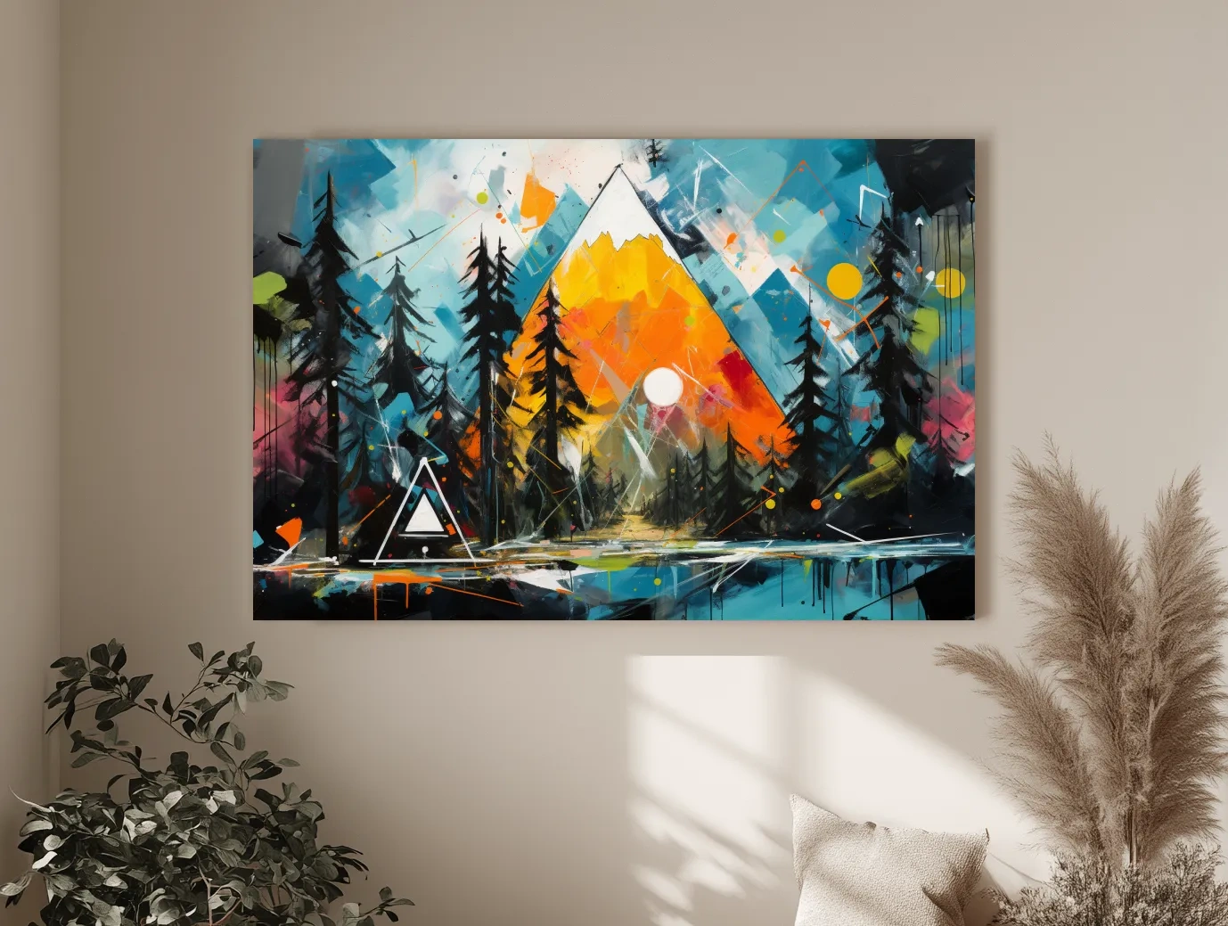 Vibrant Abstract Mountain Sunrise With Pine Forest - Energetic Landscape Wall Art