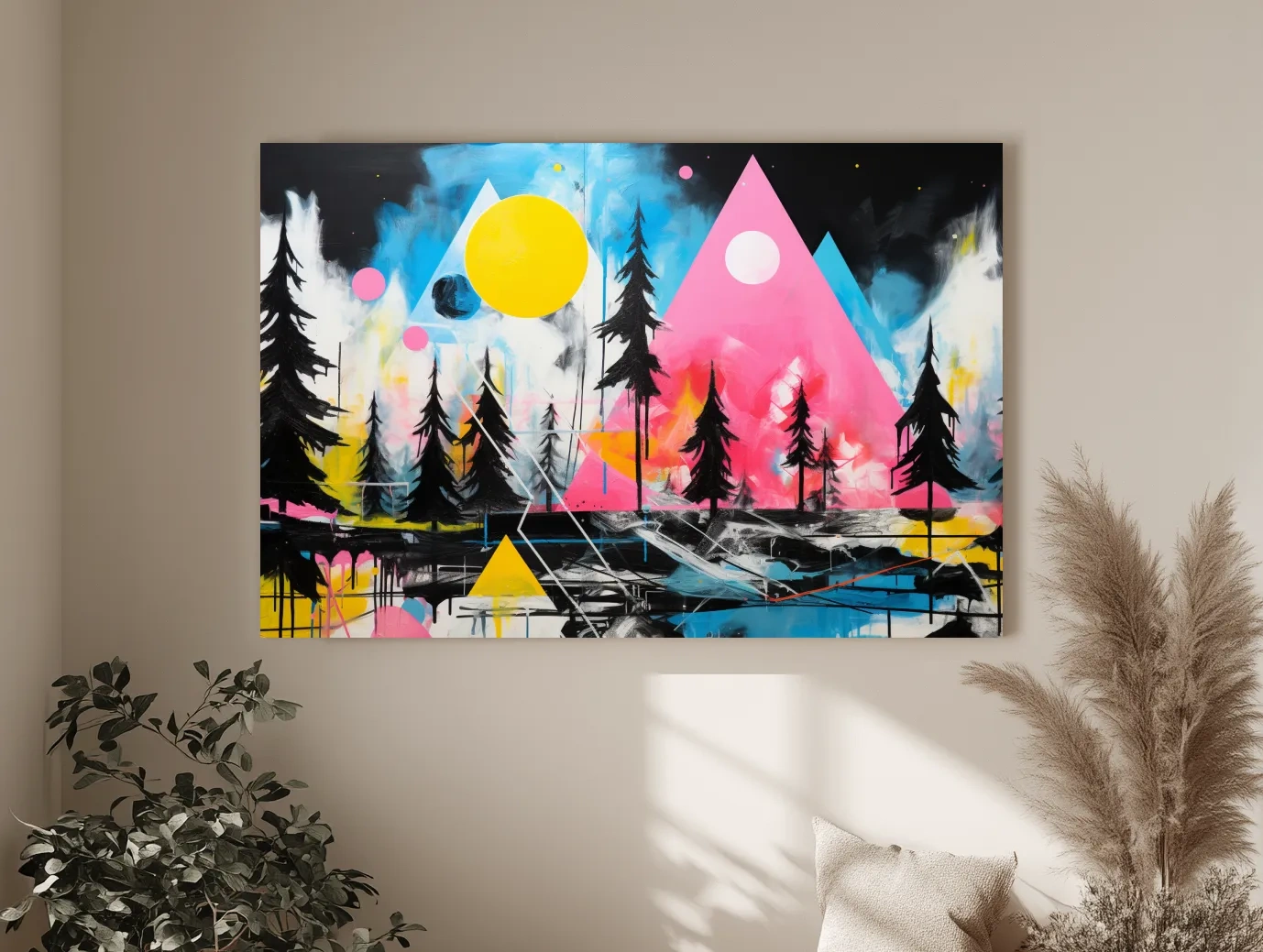 Neon Geometric Mountain Forest Painting - Vibrant Abstract Wall Art