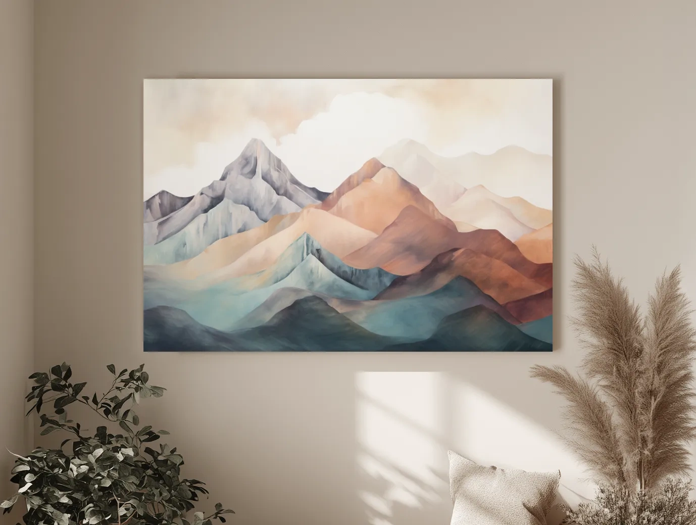 Abstract Watercolor Mountain Range Landscape - Serene Pastel Alpine Wall Art