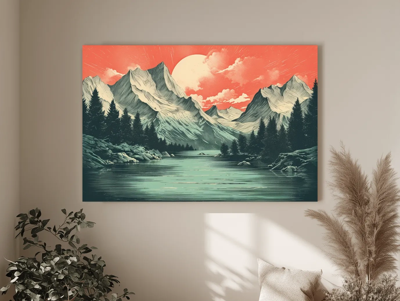Retro Alpine Mountain Lake Sunset - Vintage Risograph Landscape Wall Art