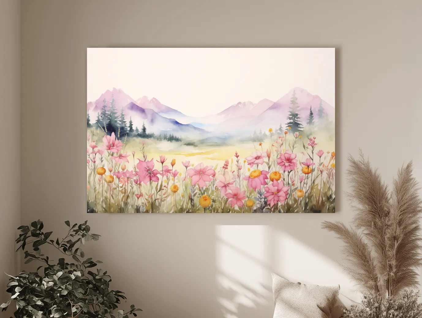Pastel Wildflower Meadow Mountains Watercolor - Serene Alpine Wall Art