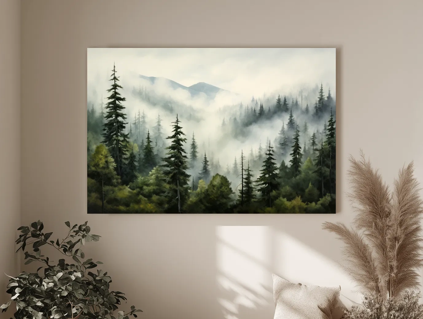 Foggy Alpine Mountain Forest Painting - Moody Watercolor Landscape Wall Art