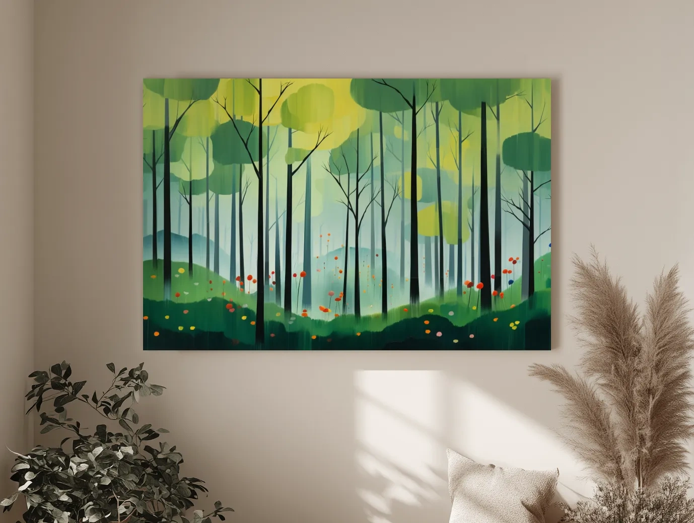 Whimsical Misty Forest Grove Illustration - Woodland Landscape Wall Art