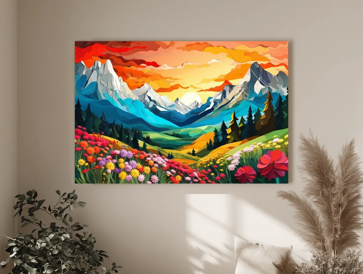 Vibrant Wildflower Mountain Valley Sunset - Colorful Paper Cutout Style Wall Art