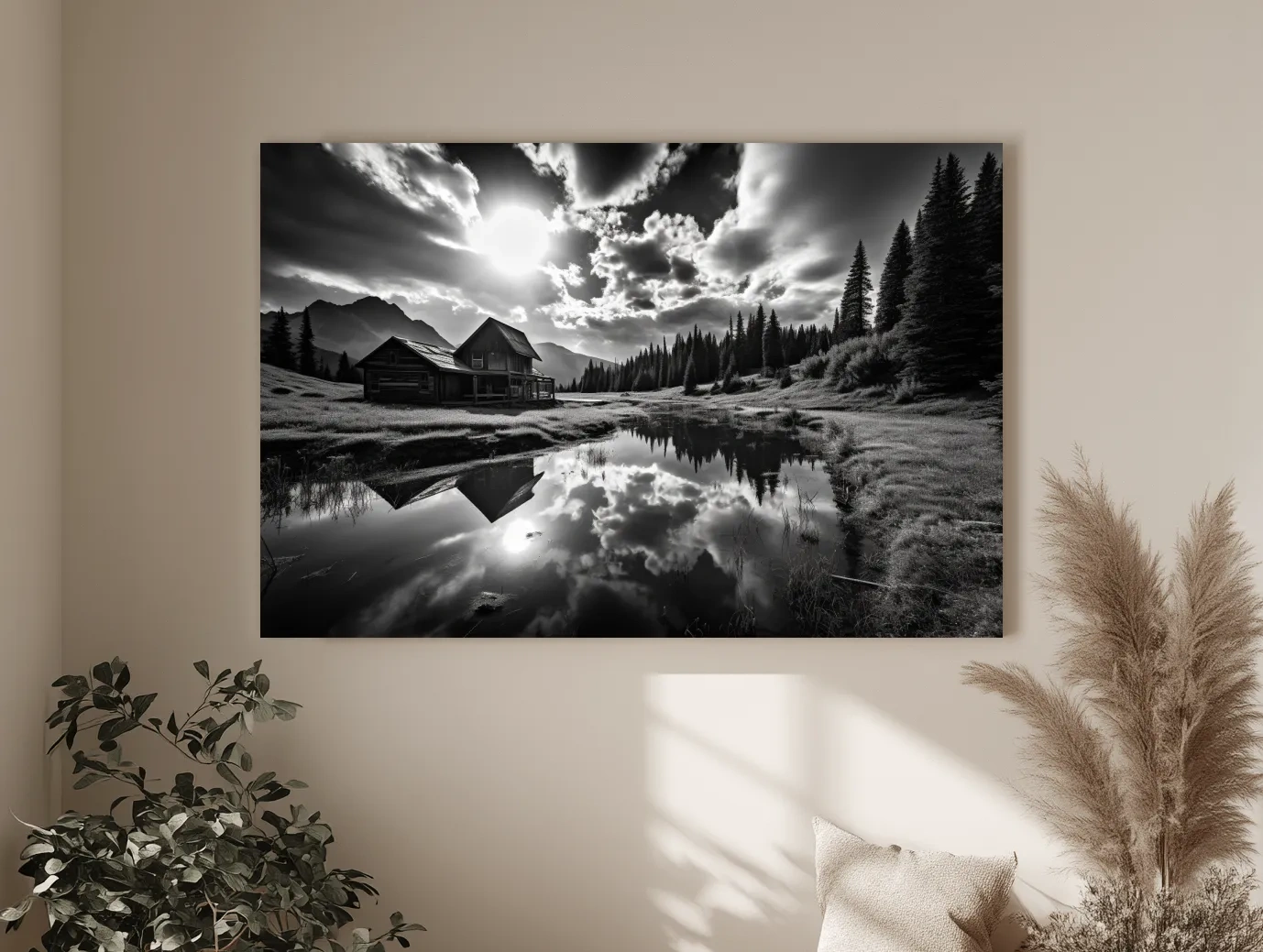 Moody Black And White Mountain Cabin Reflection - Dramatic Alpine Landscape Photography Wall Art