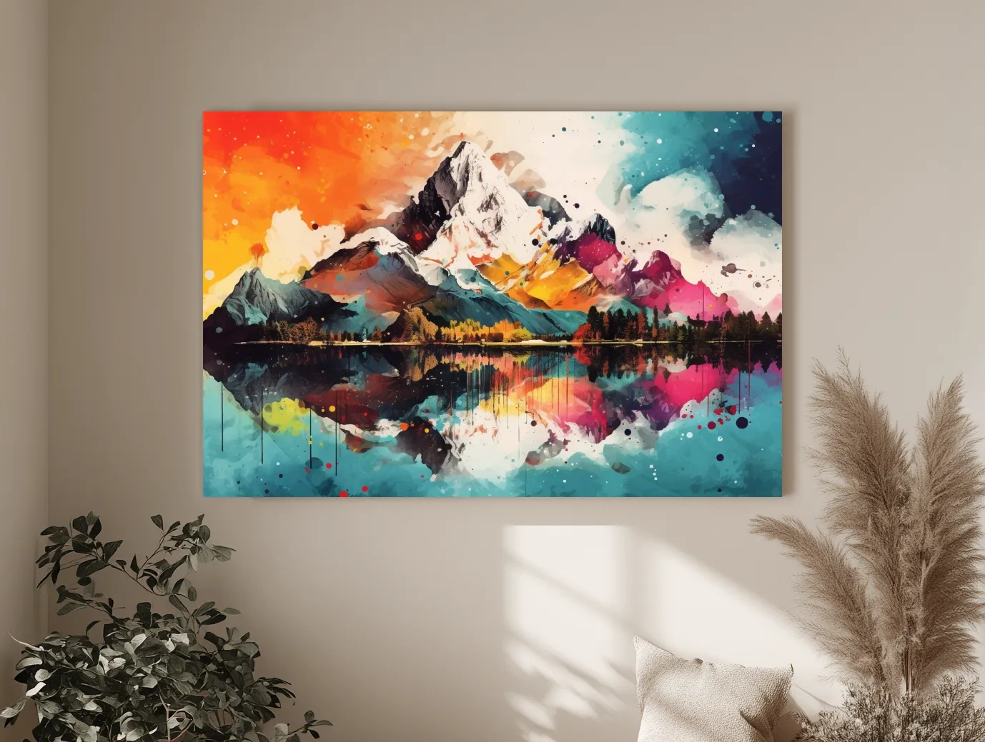 Vibrant Abstract Mountain Lake Collage Artwork - Colorful Watercolor Splash Wall Art