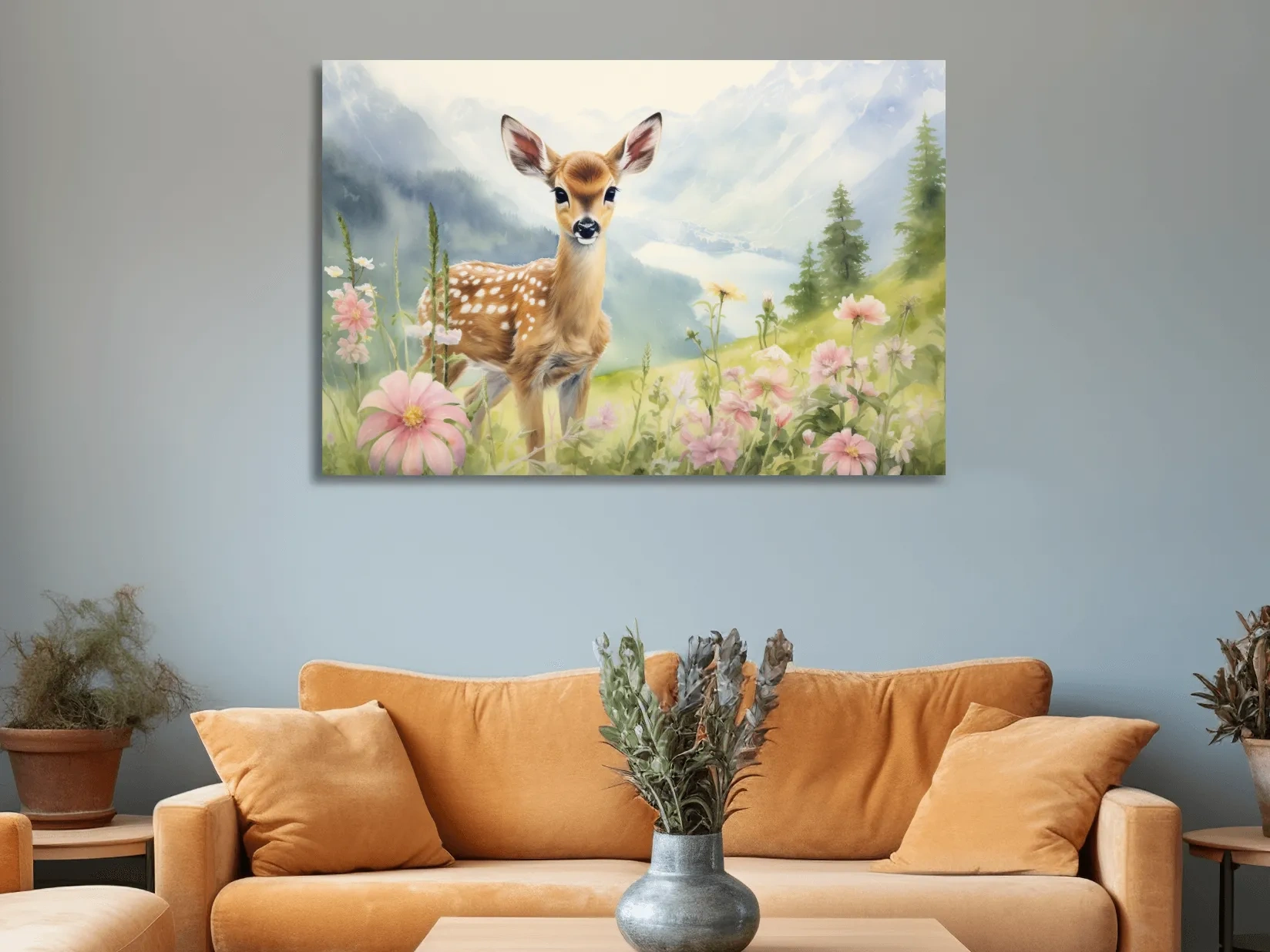 Painting of a deer fawn in the alpine meadows