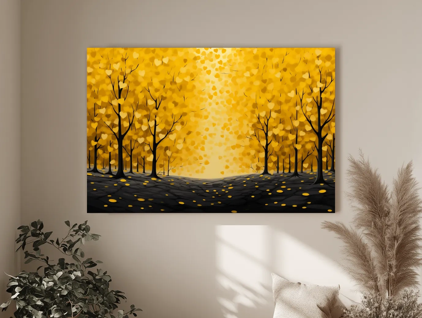 Golden Autumn Forest Canopy Painting - Warm Love Heart Wall Art