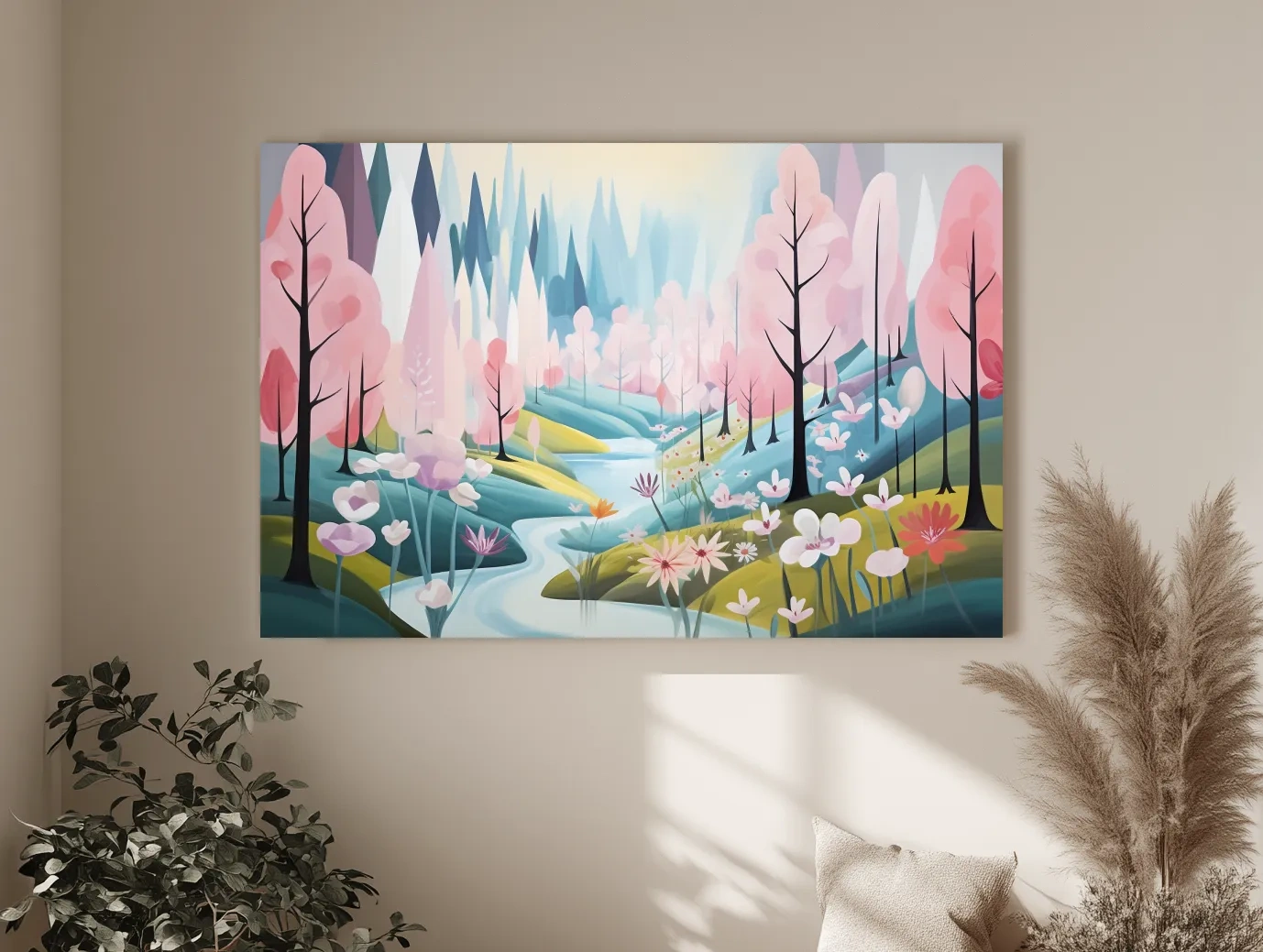 Dreamy Pastel Pink Blossom Forest - Whimsical Floral Landscape Wall Art
