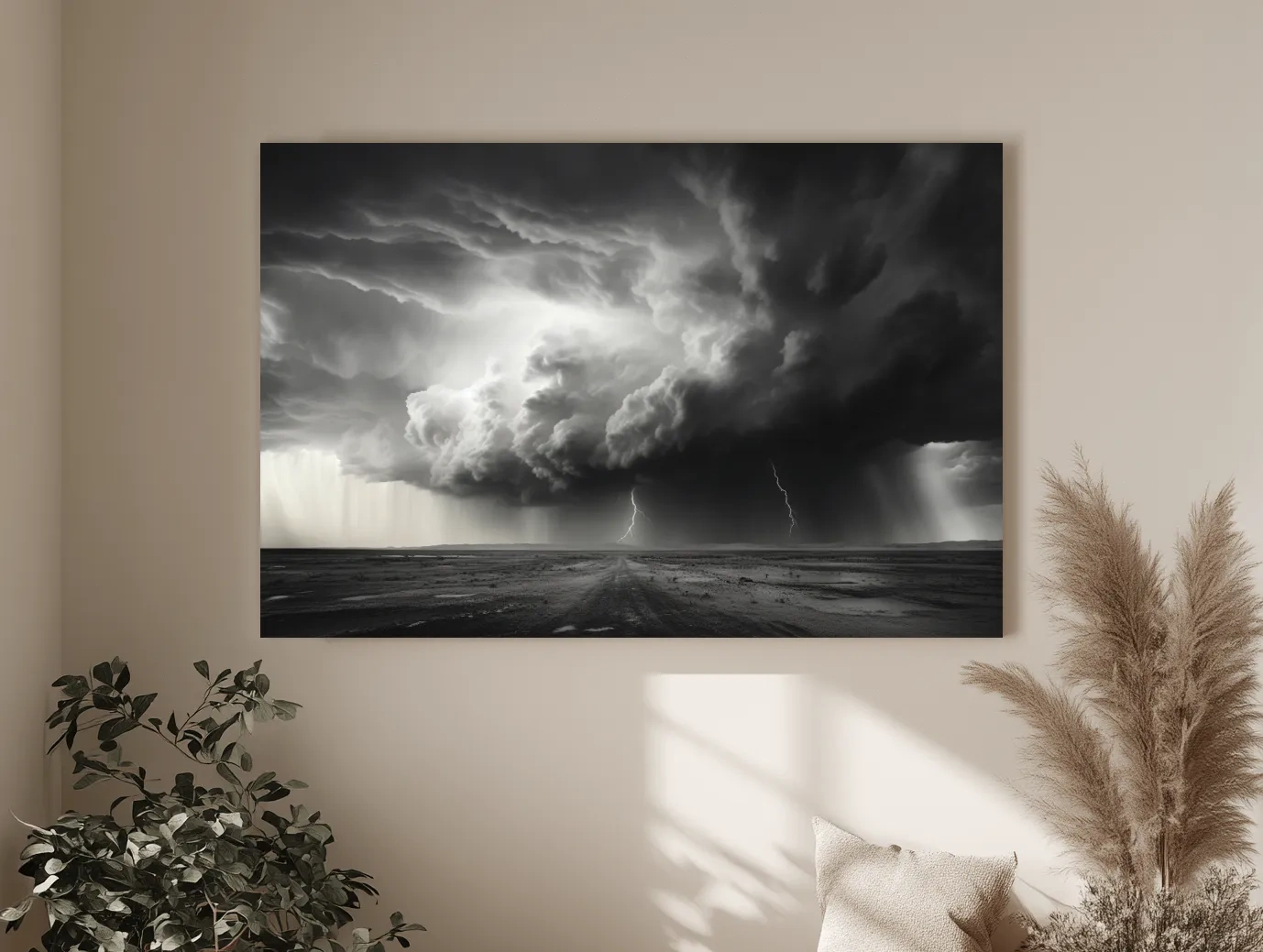 Moody Monochrome Thunderstorm Lightning Landscape - Dramatic Storm Cloud Wall Art