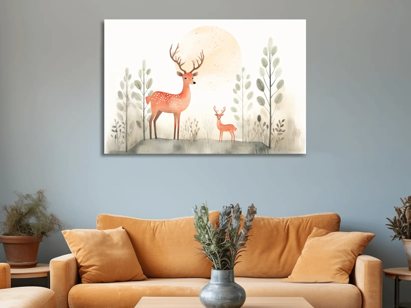 Storybook childrens illustration art, cute deer family in the forest, nursery wall art