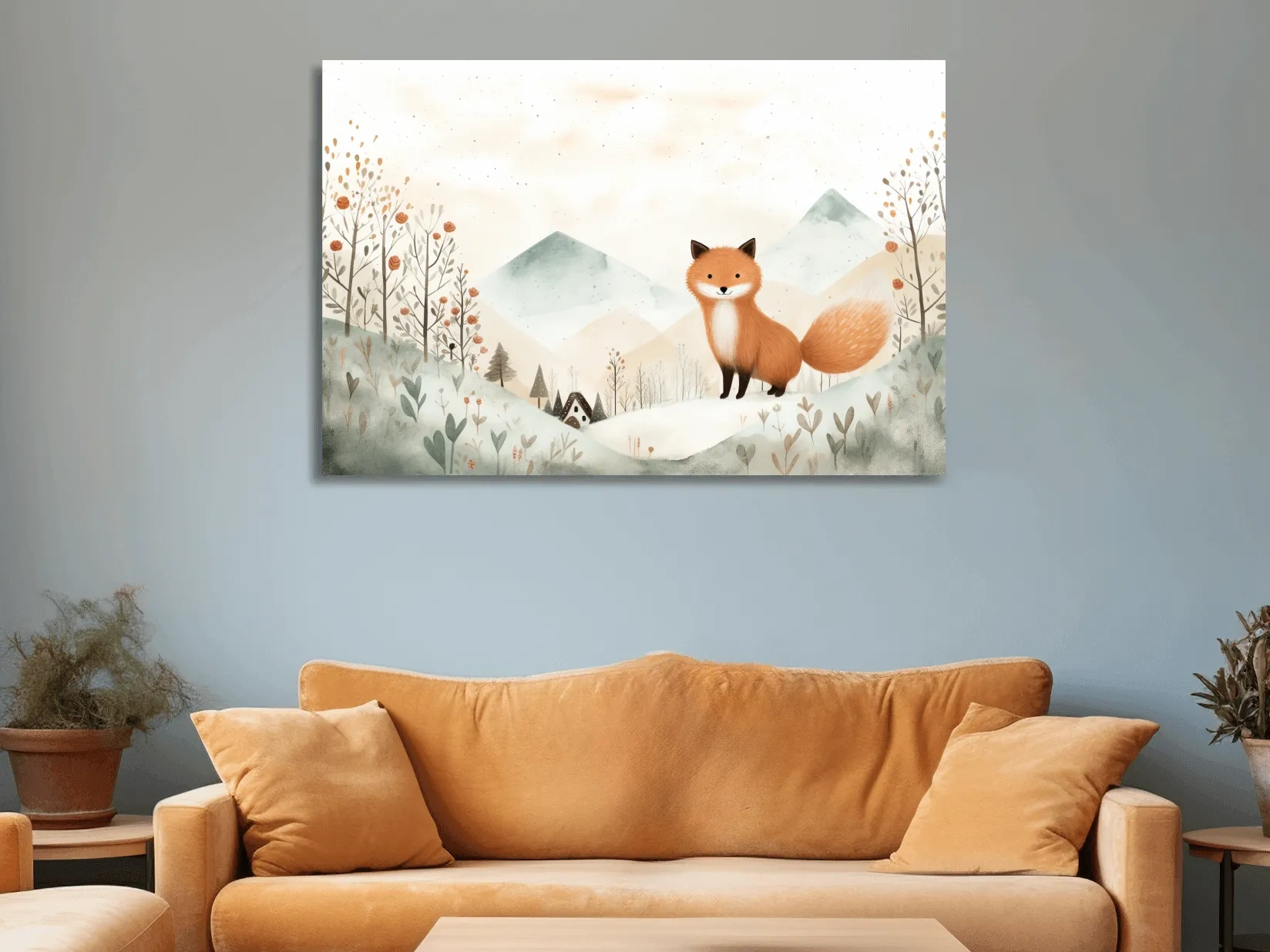 Whimsical Watercolor Fox In Pastel Mountains - Cute Nursery Animal Wall Art